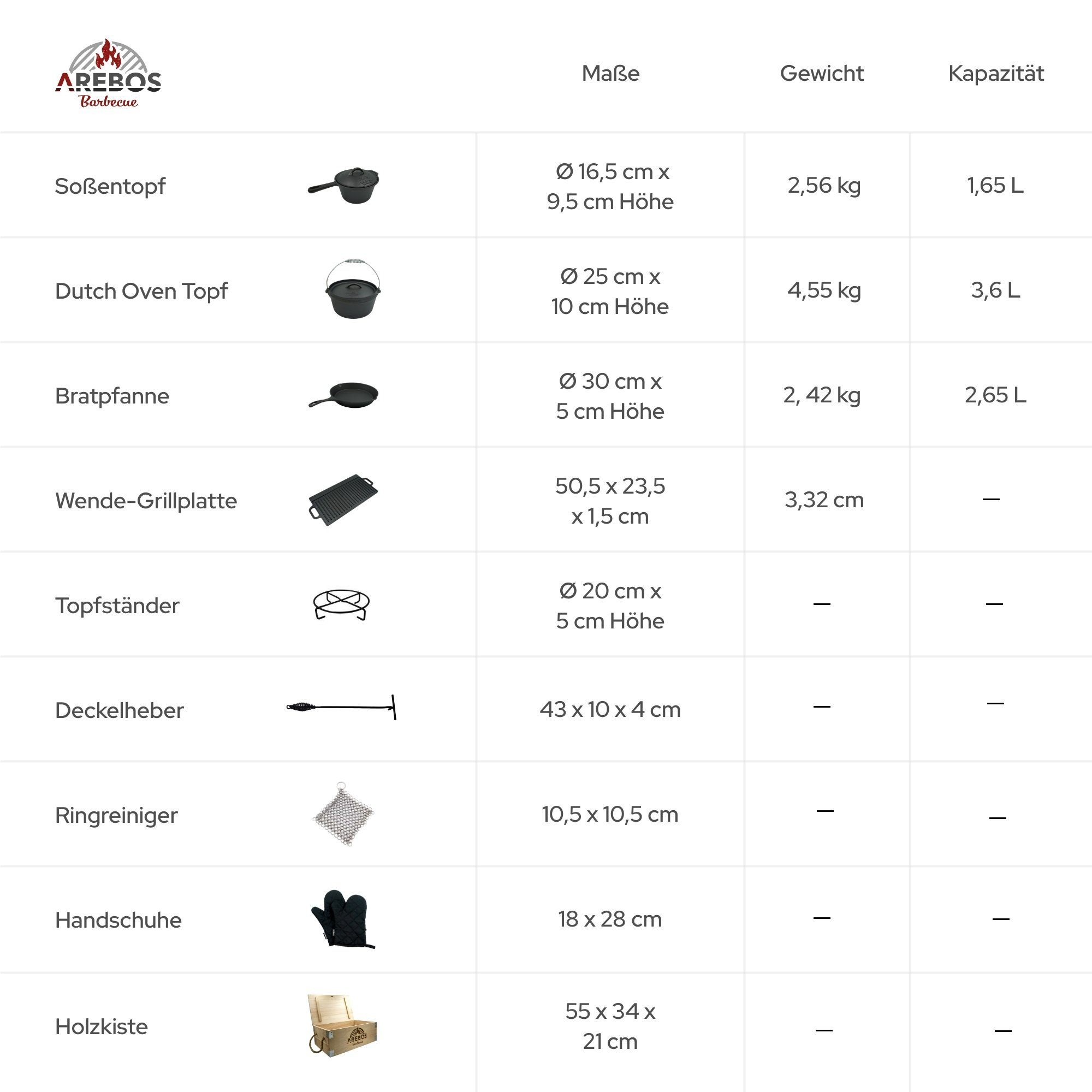 Arebos Topf-Set Dutch Over BBQ Set aus Gusseisen Feuertopf Schmortopf, (Set)