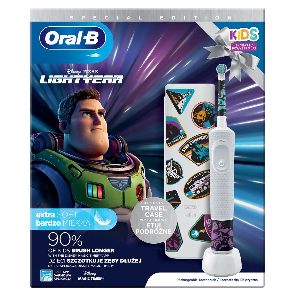 „Oral-B Kid 3+ Lightyear“ rinkinys (elektrinis dantų šepetėlis + kelioninis dėklas)