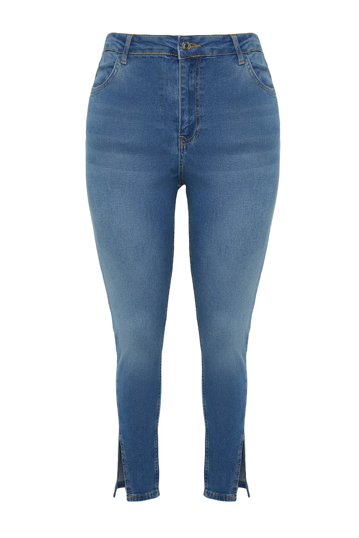 Trendyol Curve  Blaue, dehnbare Skinny-Jeans mit hoher Taille und detailliertem Beinausschnitt TBSSS22JE0186