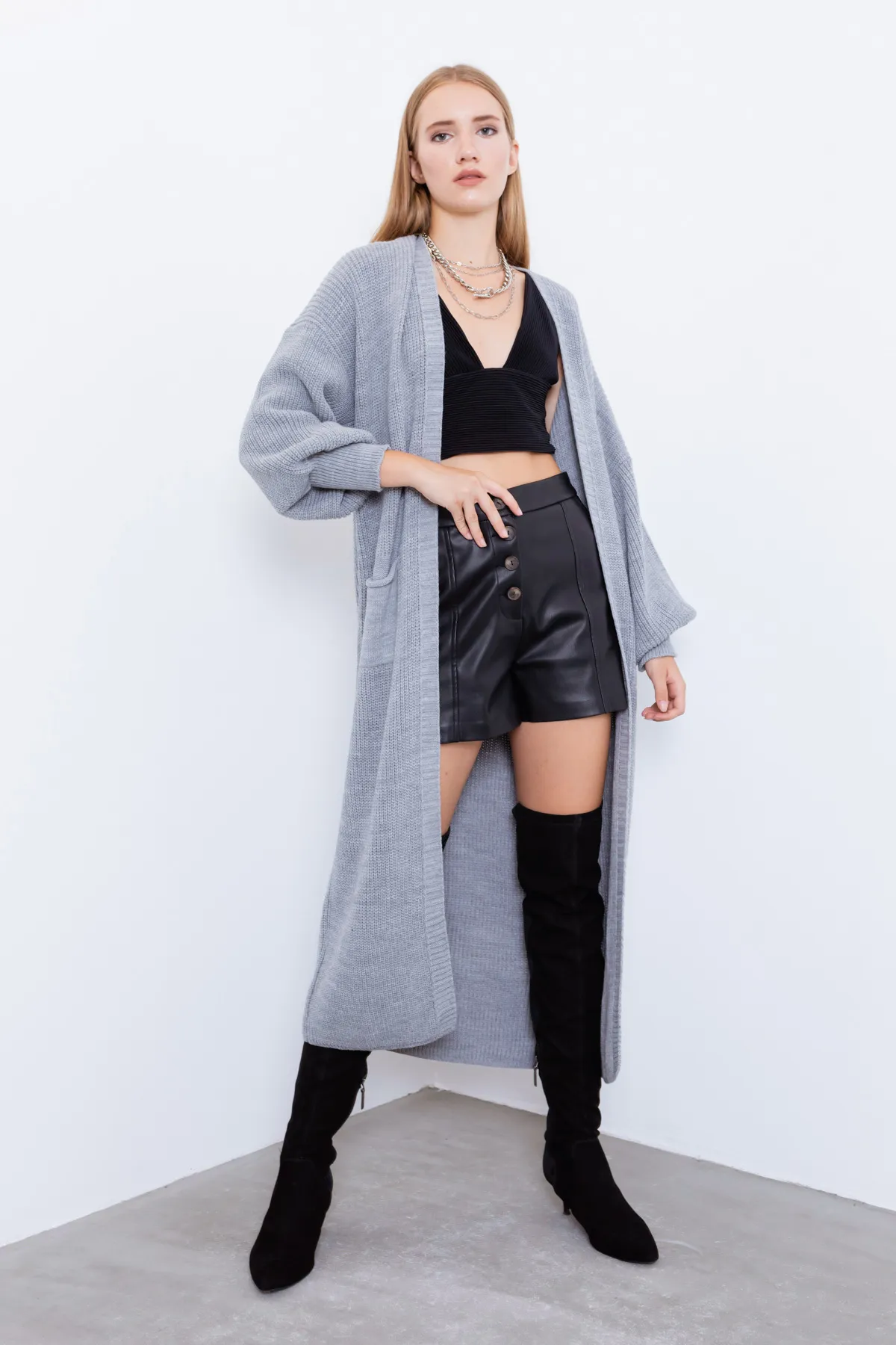Lafaba  Grauer langer Damen-Cardigan mit Ballonärmeln