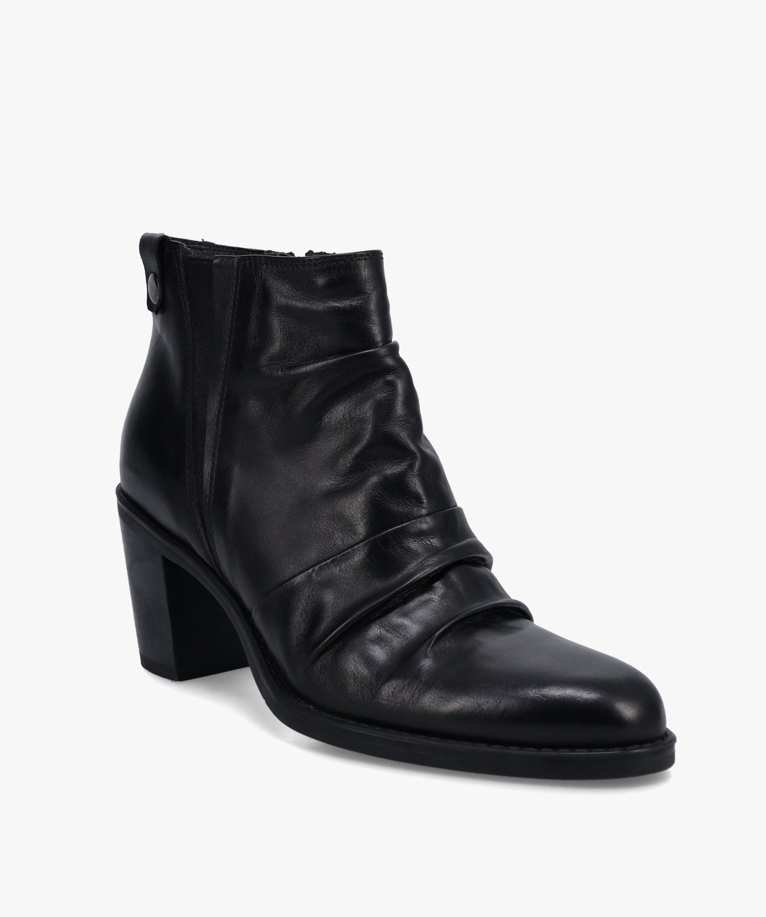 Boots femme à talon dessus en cuir drapé uni noir | GEMO