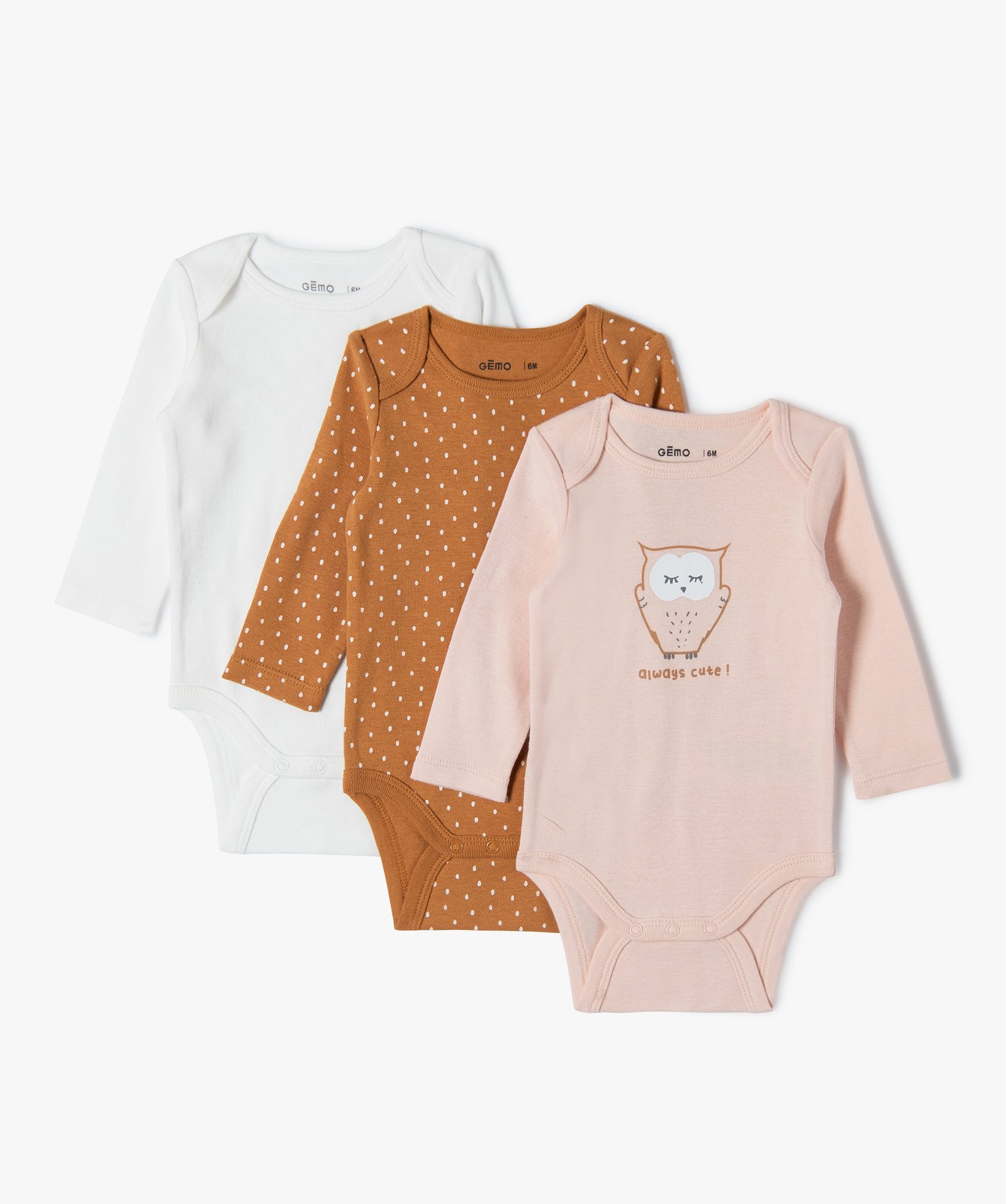 Body bébé à manches longues assortis à motifs (lot de 3) marron | GEMO