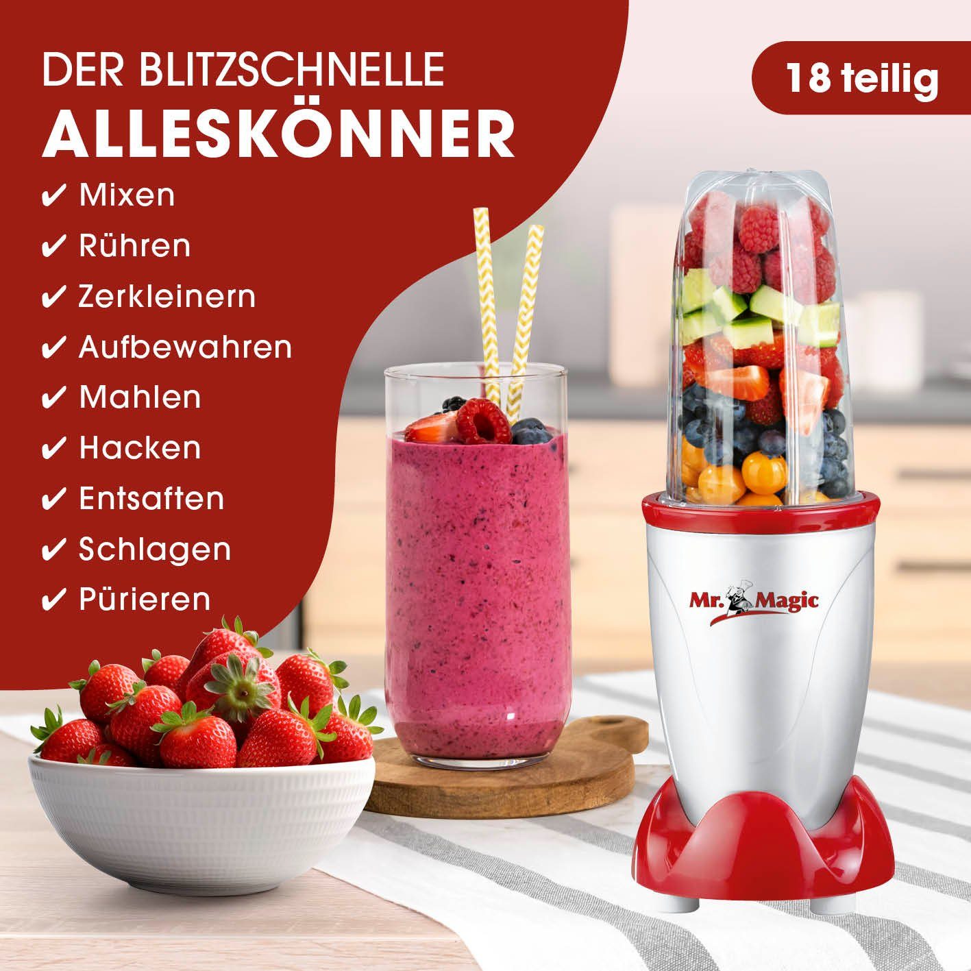 Mr. Magic Standmixer Smoothie Maker inkl. To-Go Becher, 400 W, rot 18 Teile - spülmaschinengeeignet