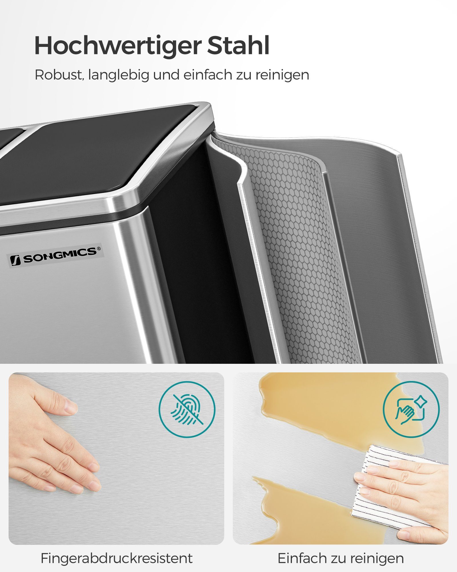 SONGMICS Mülleimer Mülltrennsystem, 3 x 18 L, ergonomisch, 3 Fächer, Küche
