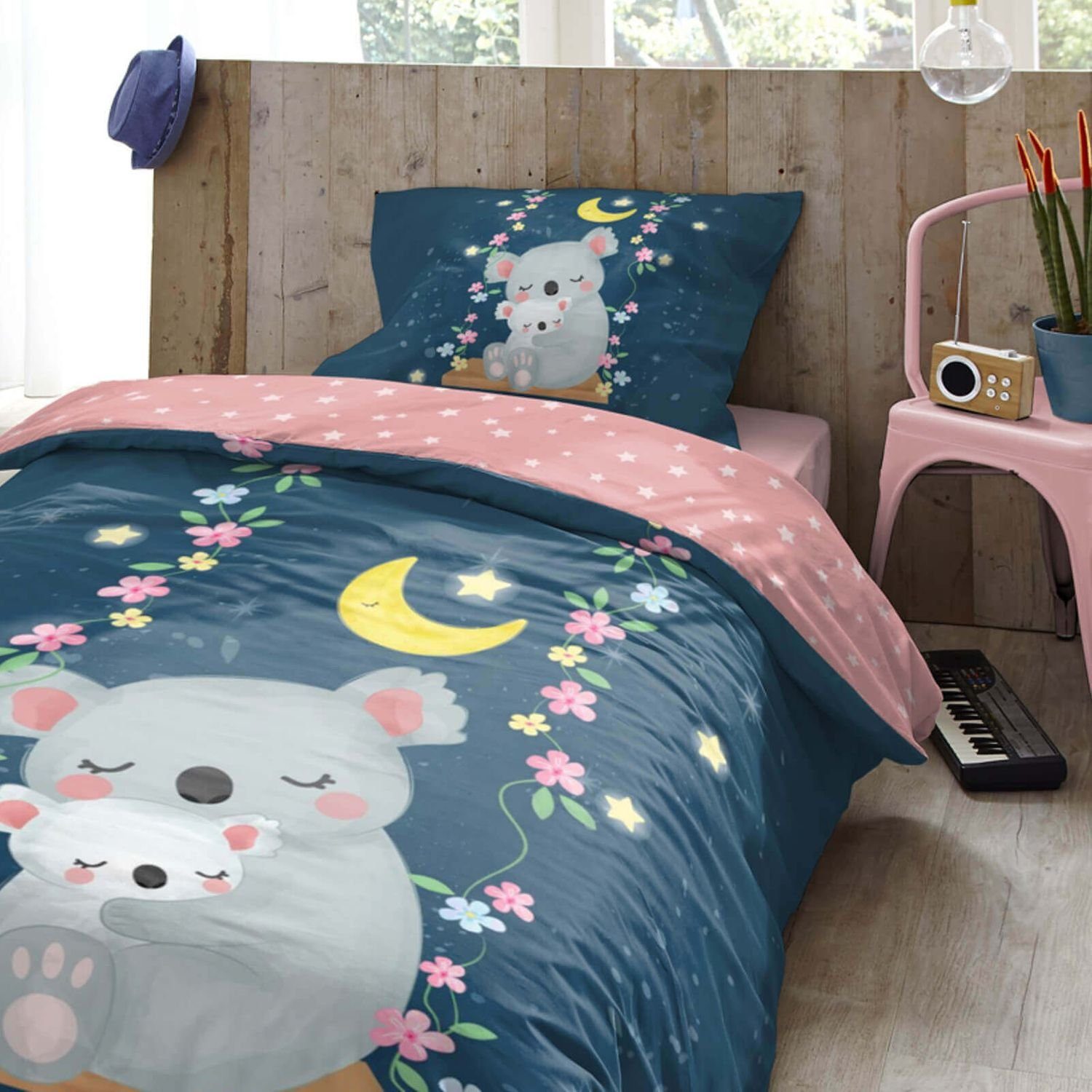 Kinderbettwäsche Schaukel Trendy Bedding, ESPiCO, Renforcé, 2 teilig, Tiermotiv, Mond, Blümchen