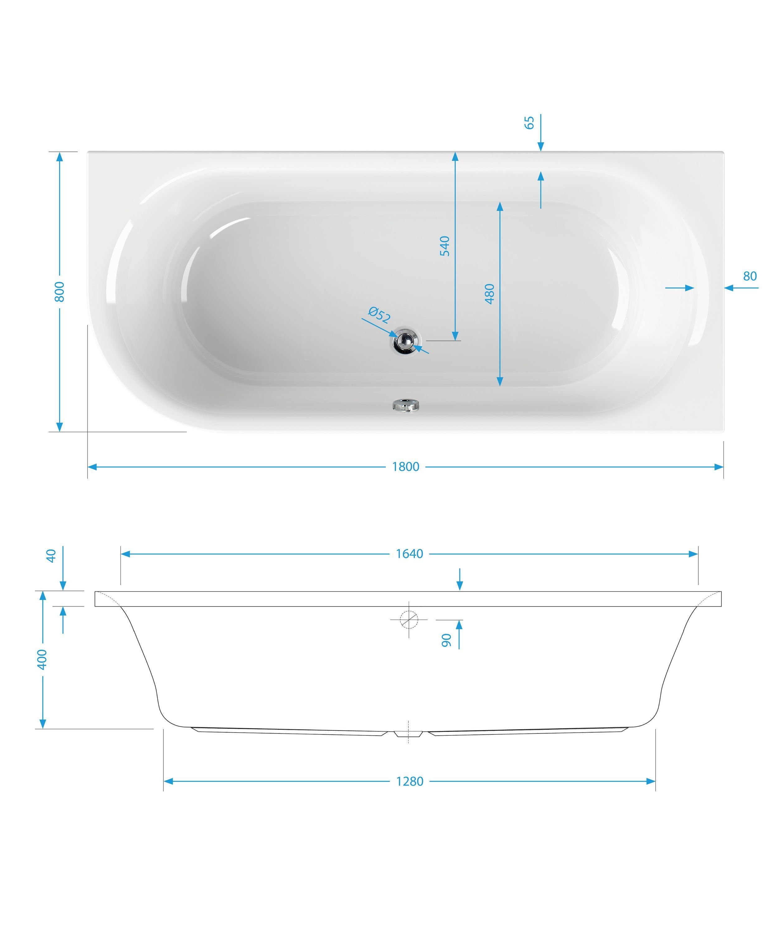 aquaSu Badewanne OVO II, Weiß, 180 x 80 cm, Acryl, Duobadewanne, 800952