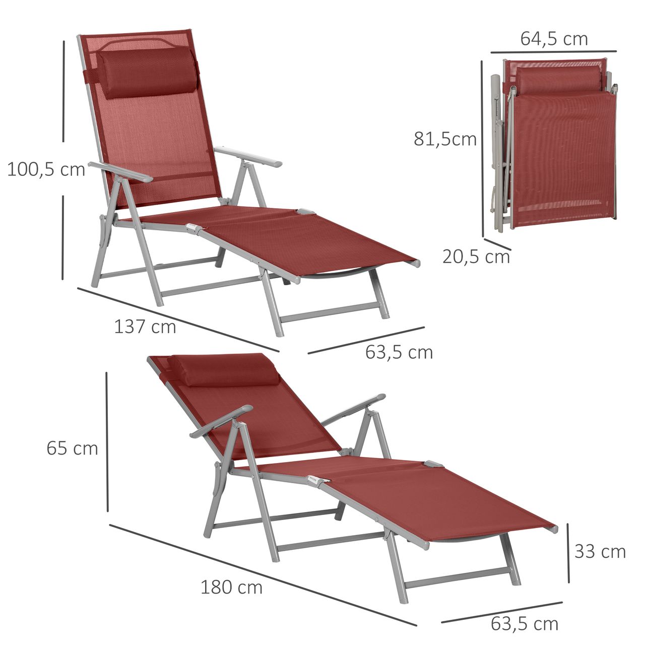 Outsunny Sonnenliege Liegestuhl mit Kopfkissen, Gartenliege für Balkon, Mesh Rot