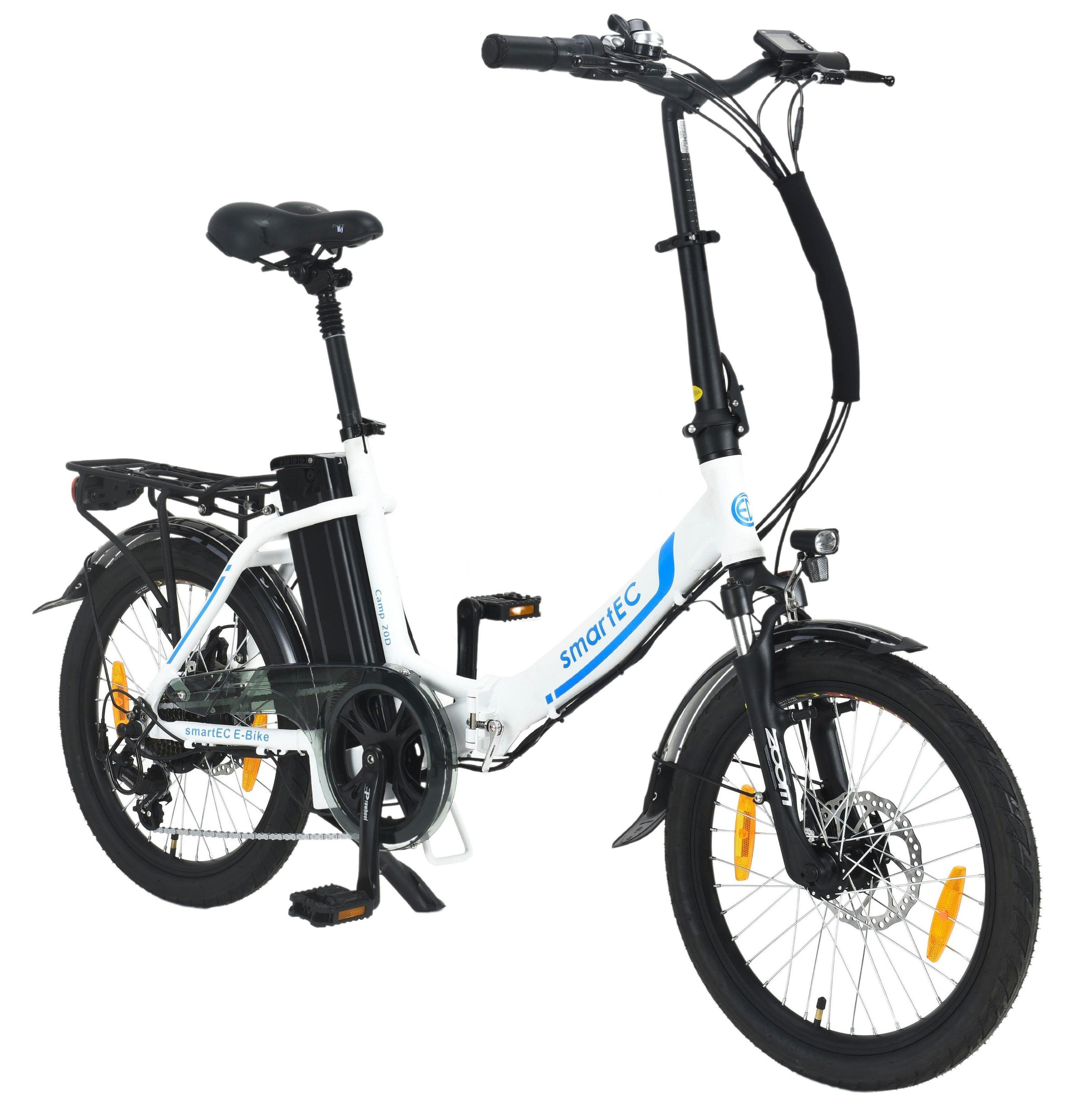 smartEC E-Bike 20 Zoll Klapprad Camp-20D Weiß, 7 Gang Shimano Tourney Schaltwerk, Kettenschaltung, Hinterrad-Nabenmotor, 562,00 Wh Akku, Batterie, Damen/Herren Unterstützung 25 km/h Anfahrhilfe Scheibenbremse StVZO