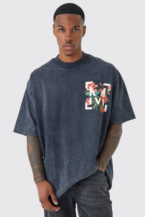 Oversize T-Shirt mit Acid-Waschung und floralem Print