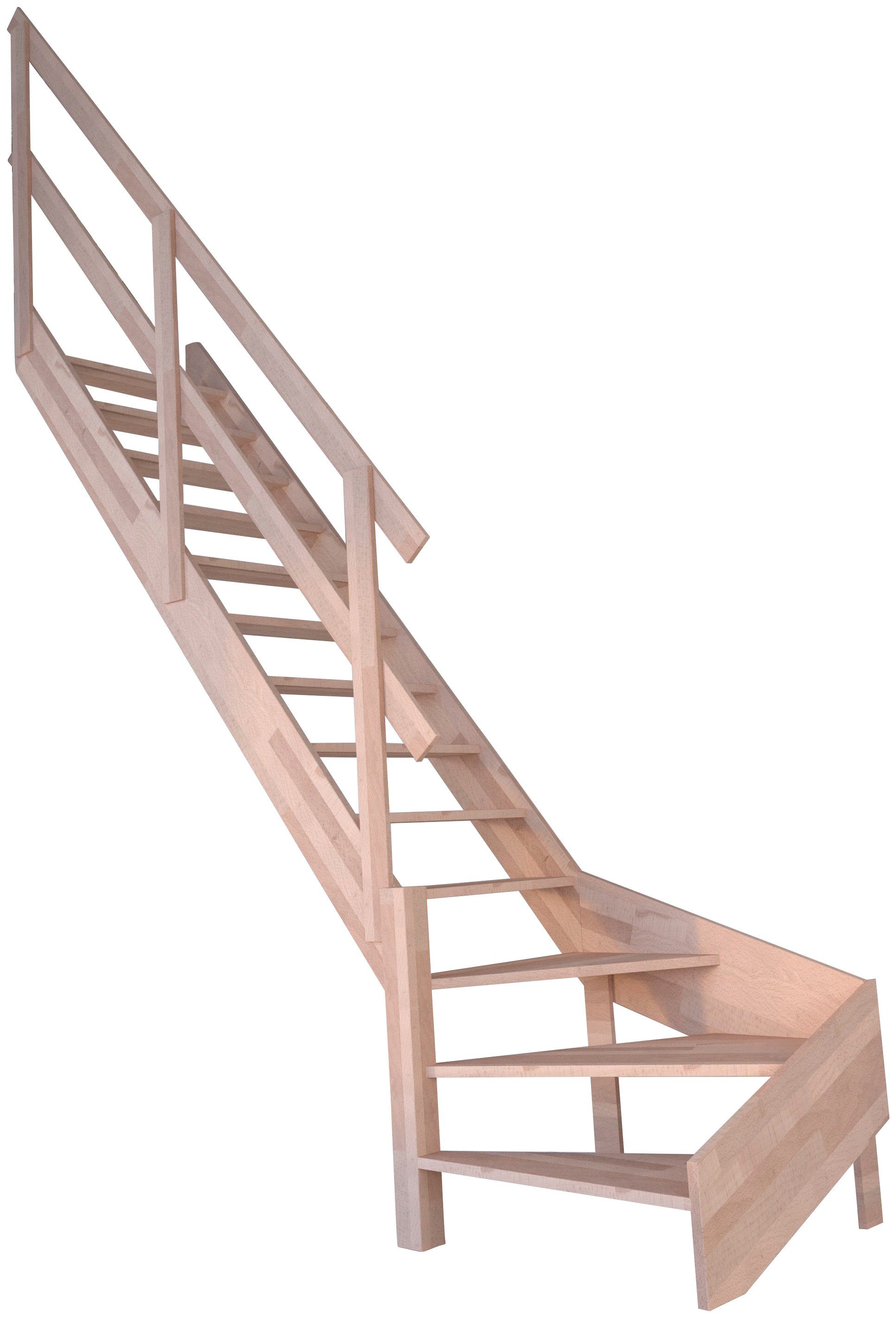 Starwood Raumspartreppe Massivholz Rhodos, mit Holzgeländer, für Geschosshöhen bis 300 cm, Stufen offen, gewendelt Links, Durchgehende Wangenteile
