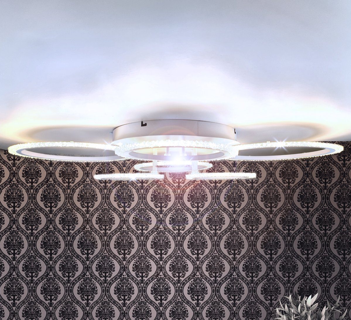 Lewima LED Deckenleuchte XL-XXL groß glitzernd funkelnd Deckenlampe 11-45W, Dimmbar per Fernbedienung, Einstellungen werden gespeichert, Farbwechsel Warmweiß / Kaltweiß / Neutralweiß einstellbar, 6 Ringe Weiß, 86x58cm
