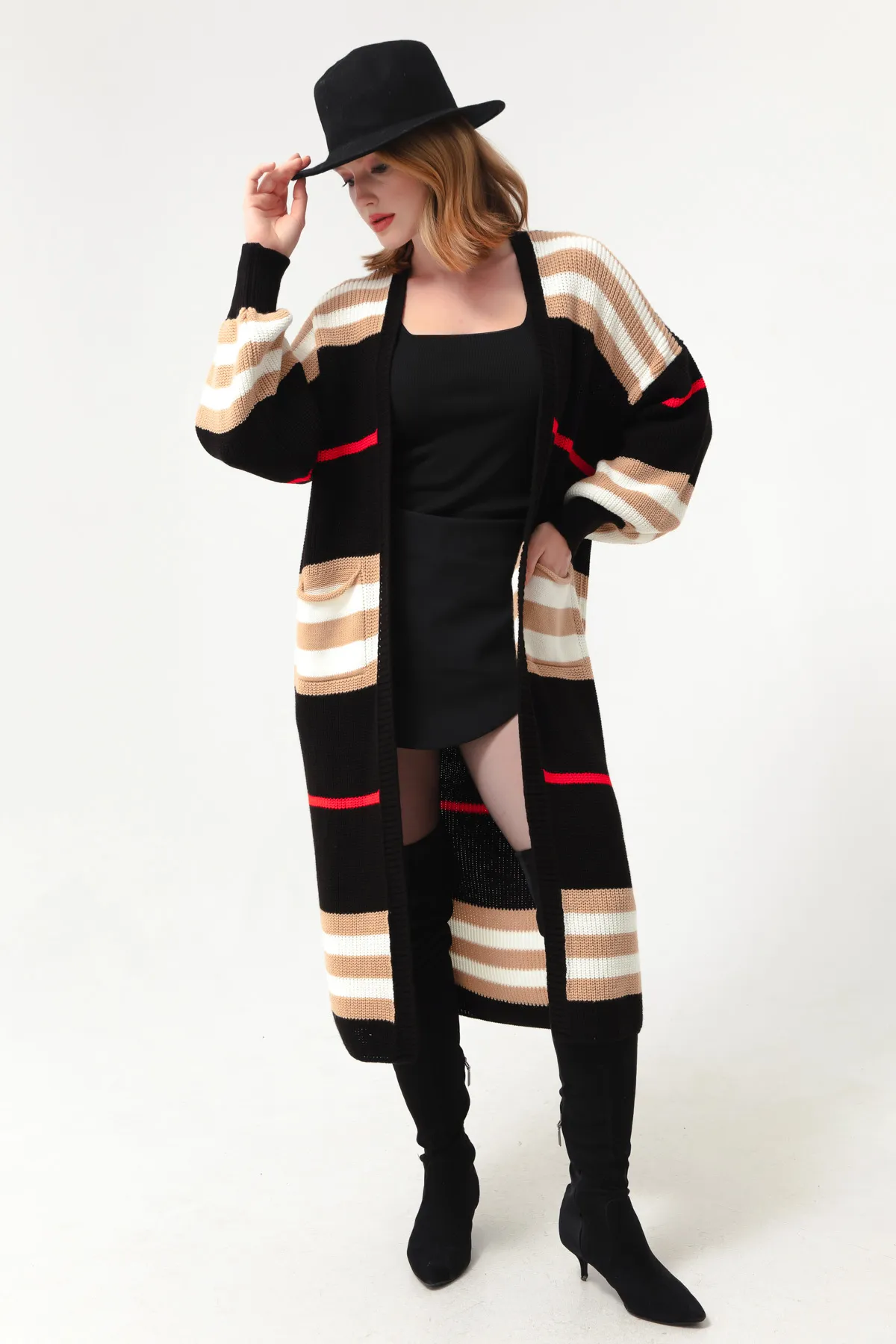 Lafaba  Schwarz-brauner langer Strick-Cardigan mit Ballonärmeln für Damen