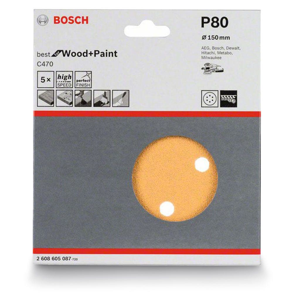 Disco de lixa BOSCH 150 mm, grão 80, 6 furos, velcro, para madeira e tinta – C470 – 5 peças
