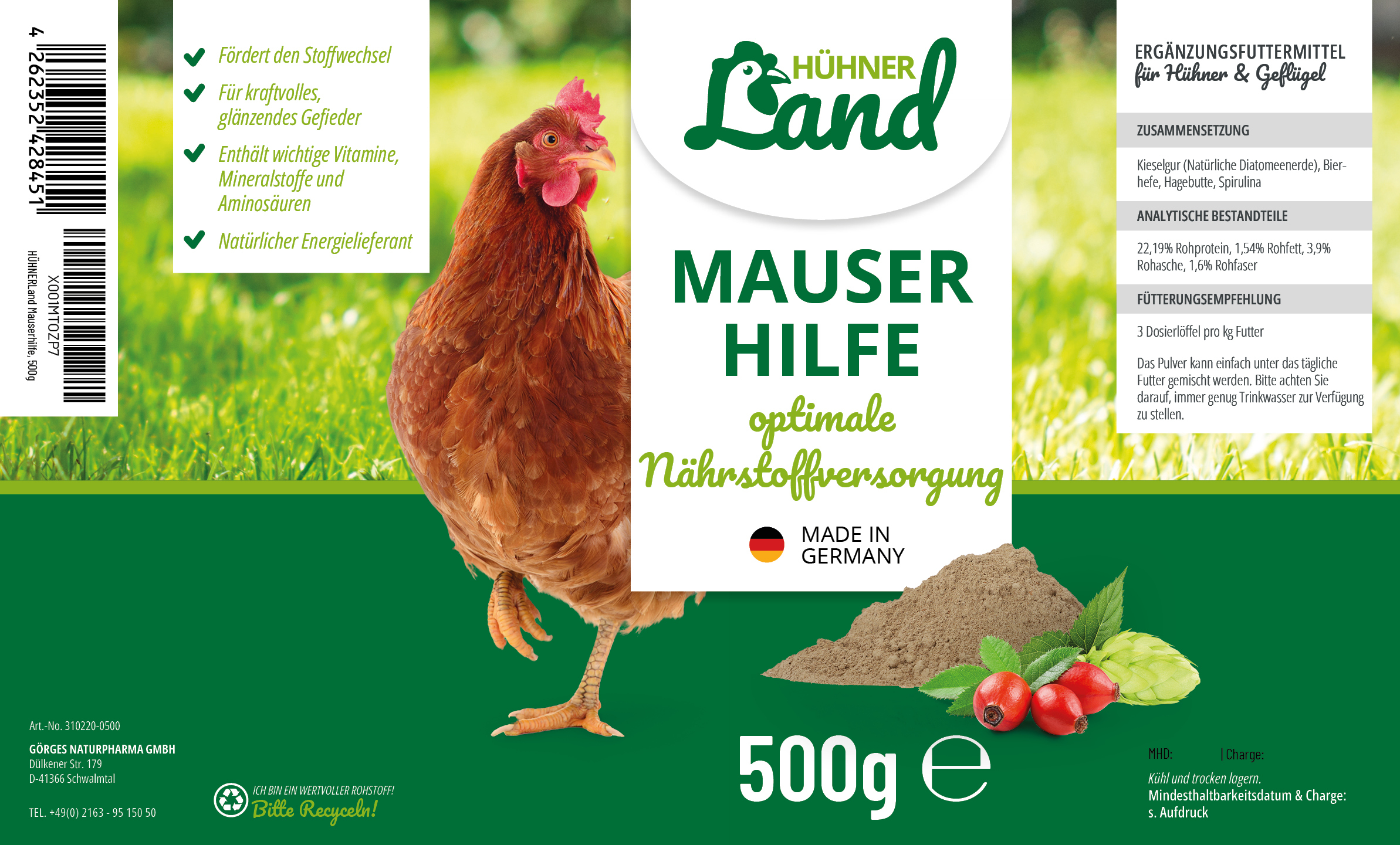 HÜHNER Land Futter & Heu HÜHNER Land Mauserhilfe 500g