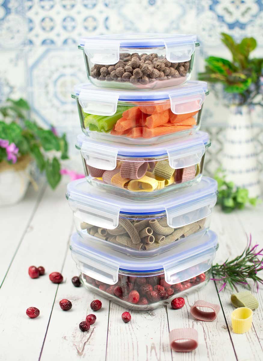 Sendez Frischhaltedose 10tlg. 2x1L 2x800ml 1x500ml Glas Lunchbox Vorratsdosen Brotdose, Glas