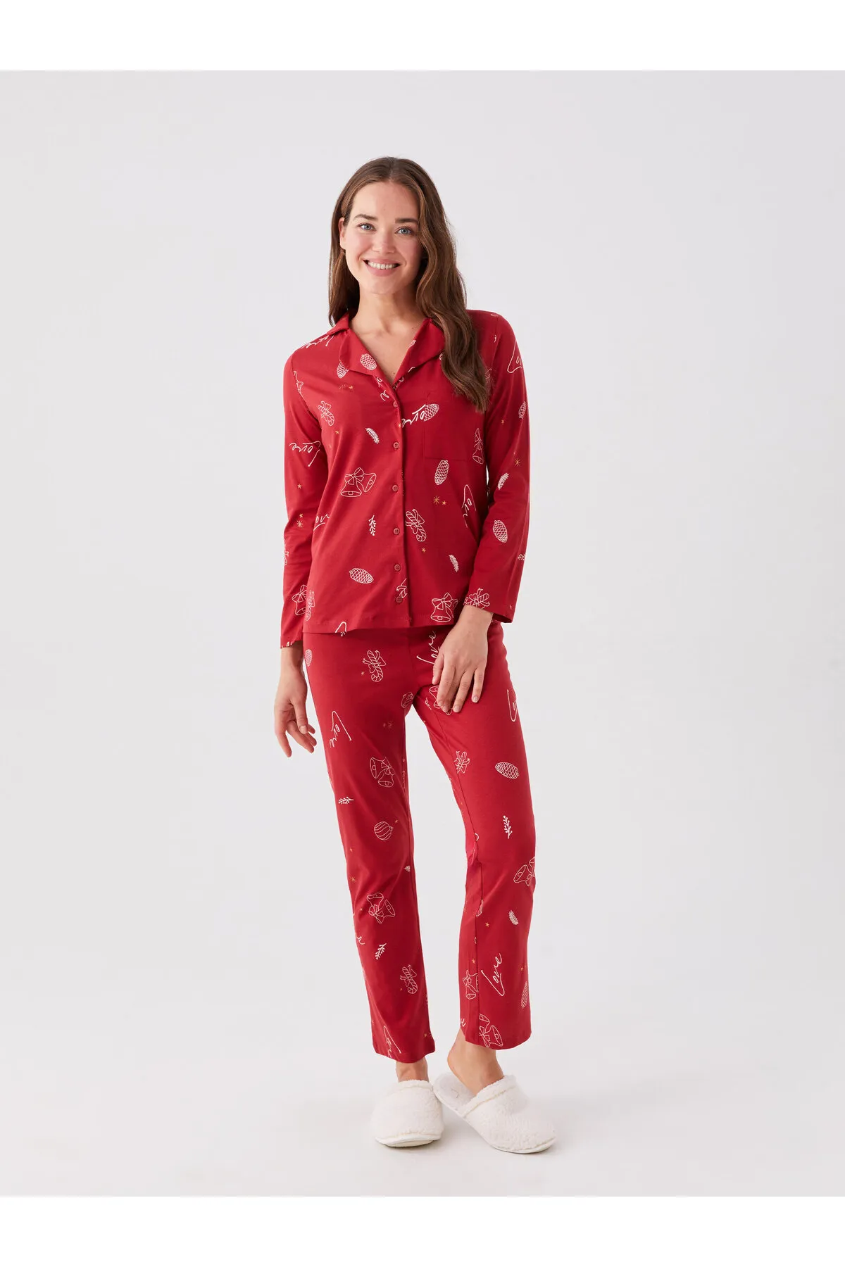 LC Waikiki  Langarm-Damenpyjama-Set mit Hemdkragen und Neujahrsmotiv