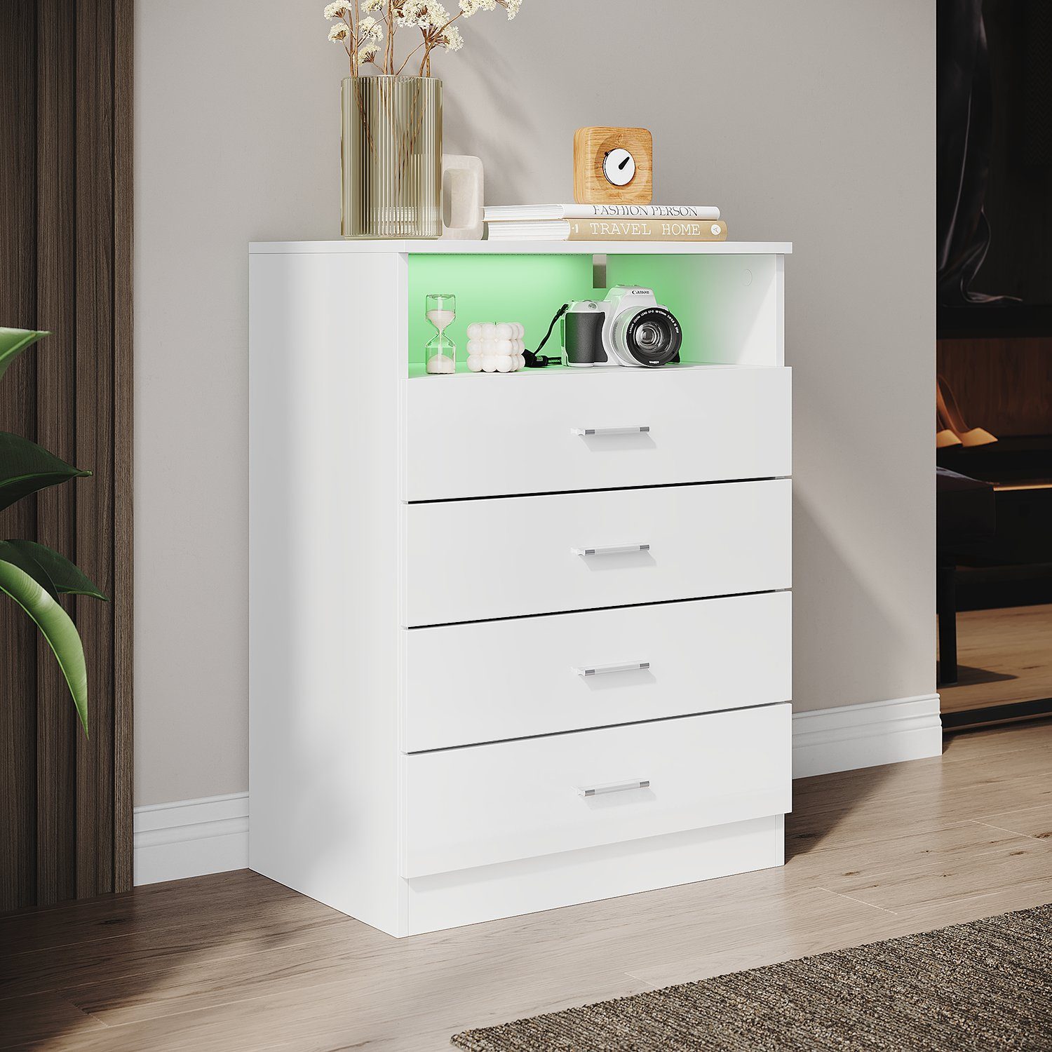 SONNI Kommode kommode Weiß,4 schubladen und offene Fächer, 60x40x83cm, Schlafzimmer Flur, Schrank, Sideboard, Highboard, mit led beleuchtung