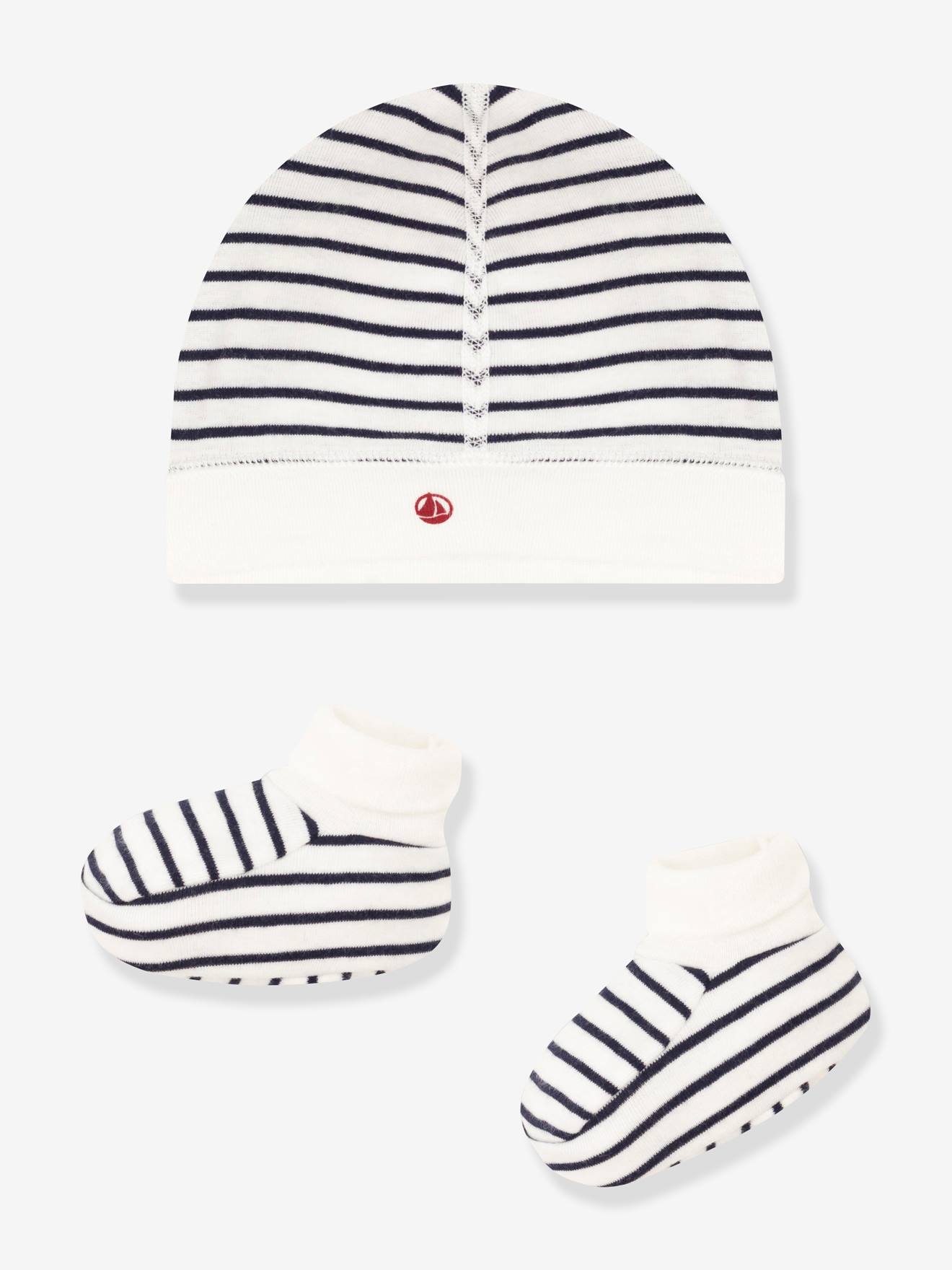 Lot de bonnet et chaussons bébé marinière PETIT BATEAU blanc imprimé