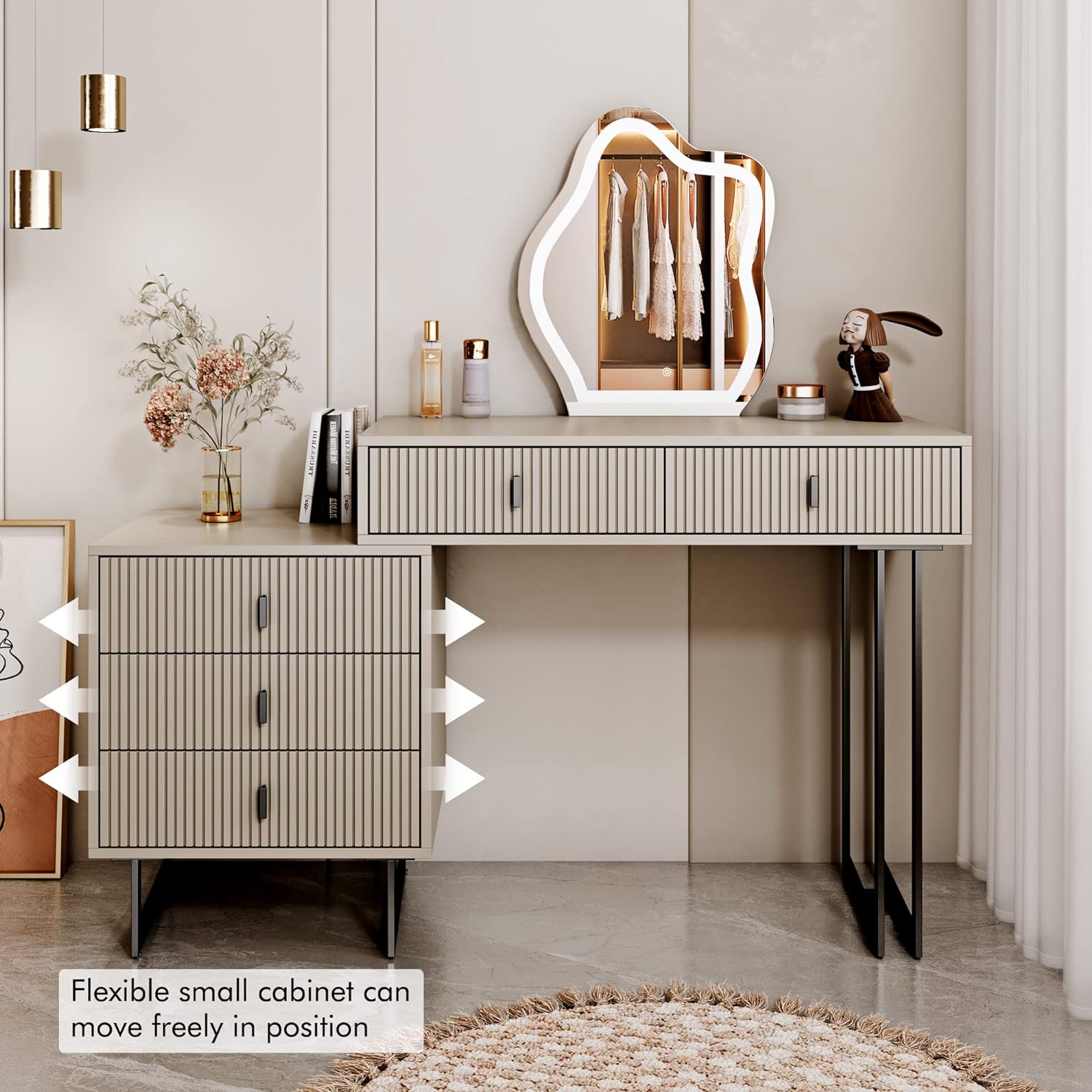 leejdn Dresser with 3 Color Touch Screen Dimming Mirror, Modern Makeup Dresser with Adjustable Cabinets and 4 Sliding Drawers, Powder Room, Bedroom Dresser Set