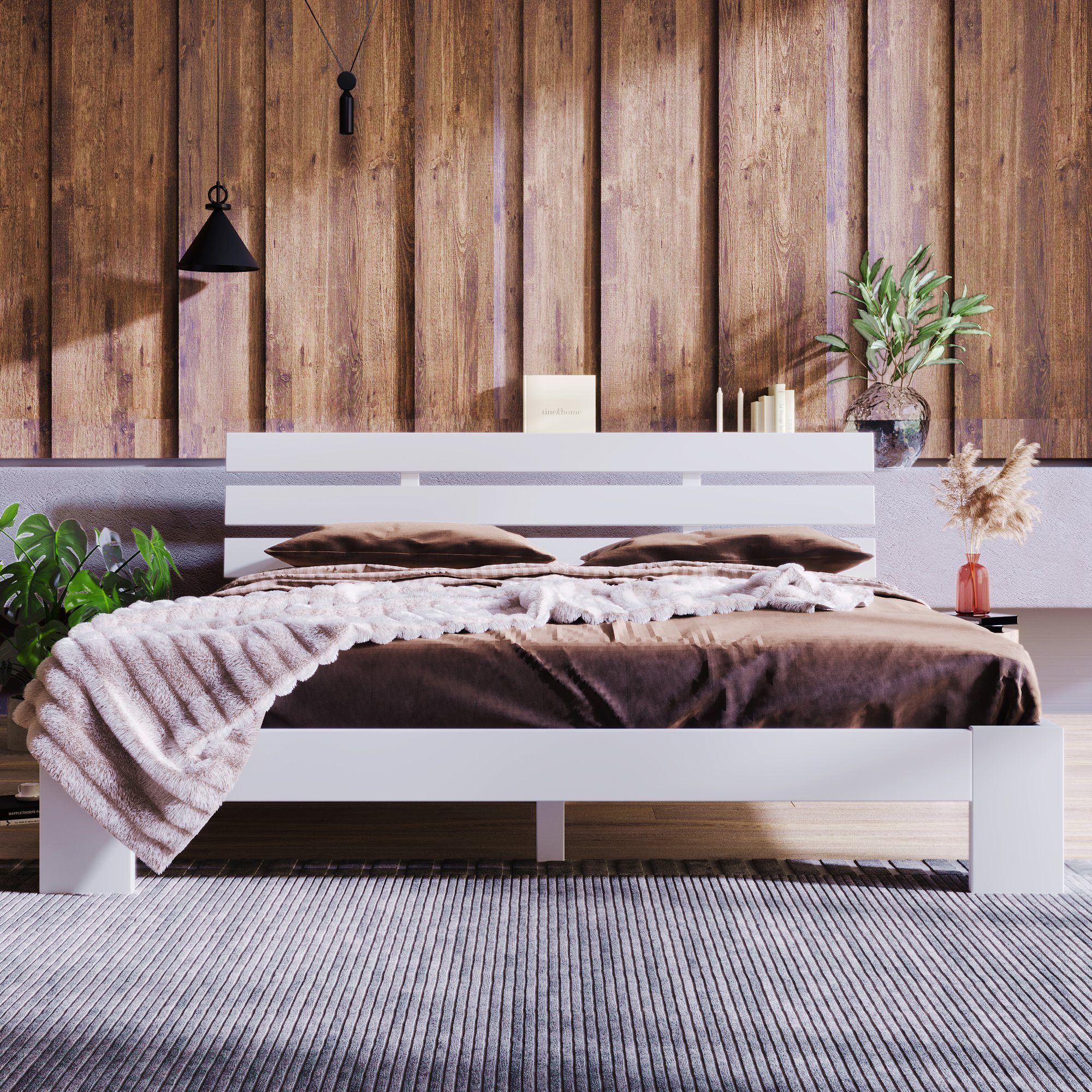 PHOEBE CAT Massivholzbett (1-tlg., Maasivholzbett), Doppelbett mit Kopfteil und Lattenrost, 200 x 140 cm Futonbett