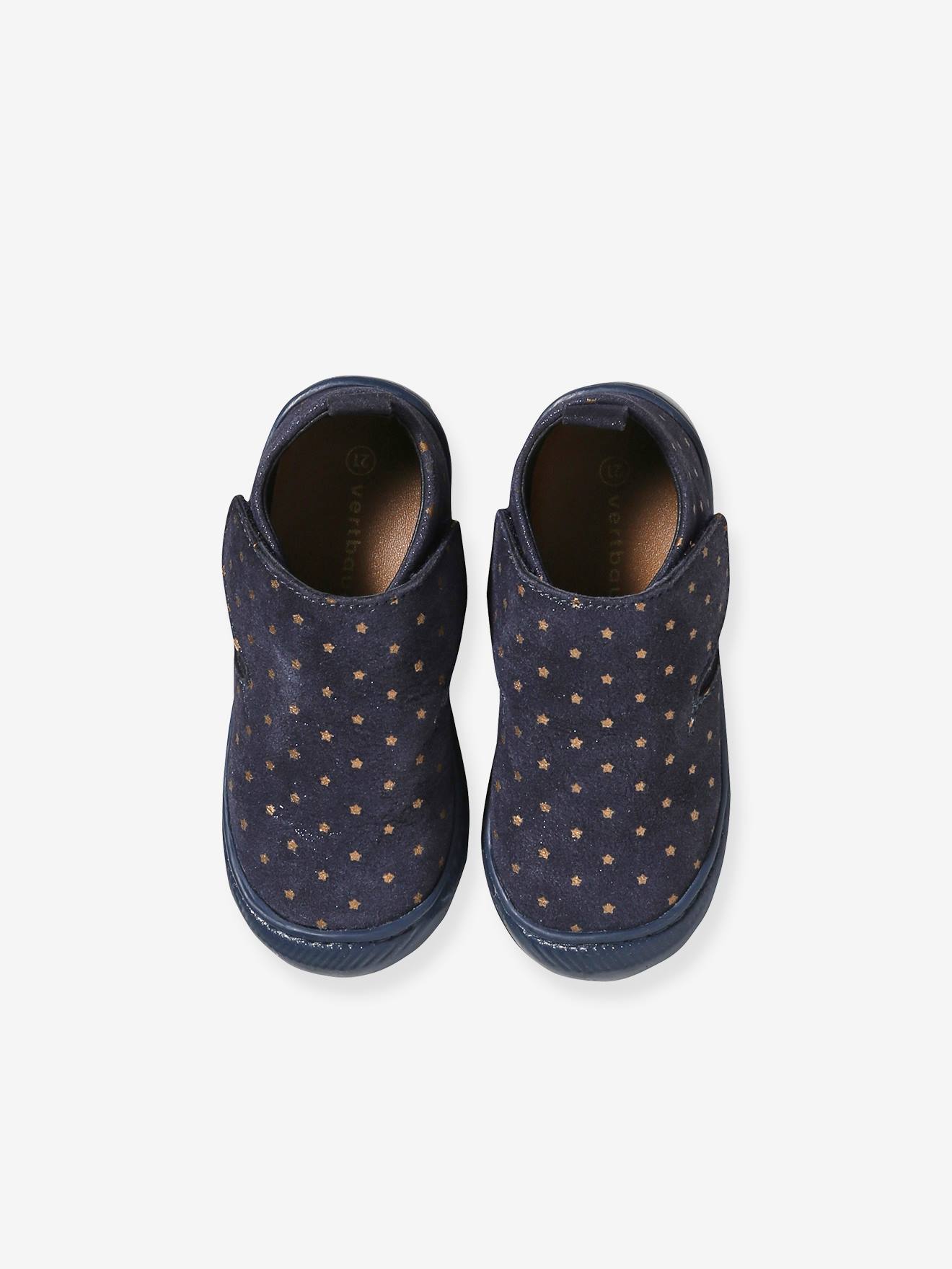 Chaussons scratchés bébé en cuir souple bleu imprimé