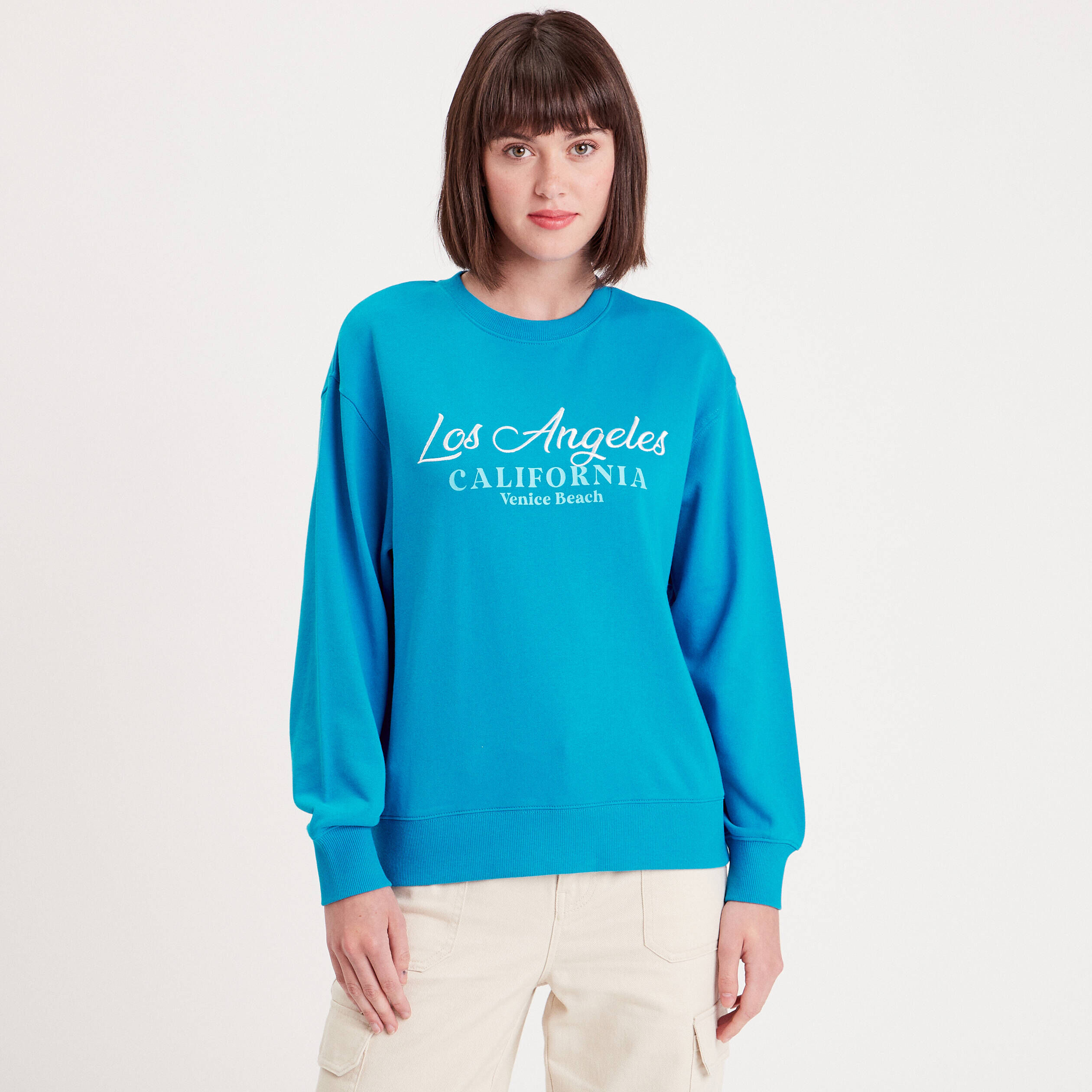 Sweat manches longues brodé bleu femme | Cache Cache
