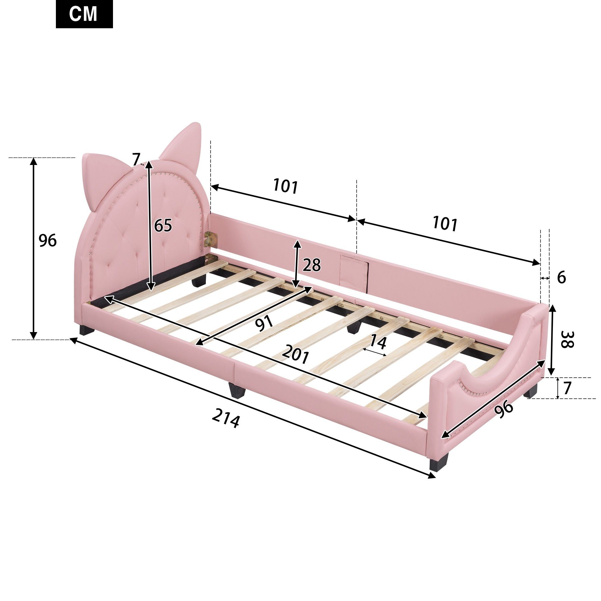 REDOM Polsterbett Einzelbett, Kinderbett, mit Holz Lattenroste und Rückenlehne (Form von Karton-Ohren, 90 x 200cm), Ohne Matratze