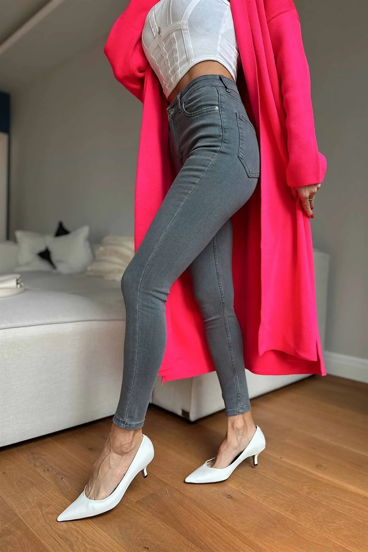 Ramrod  Zeynep Skinny Jeans Graue, lockere Lycra-Jeans mit hoher Taille