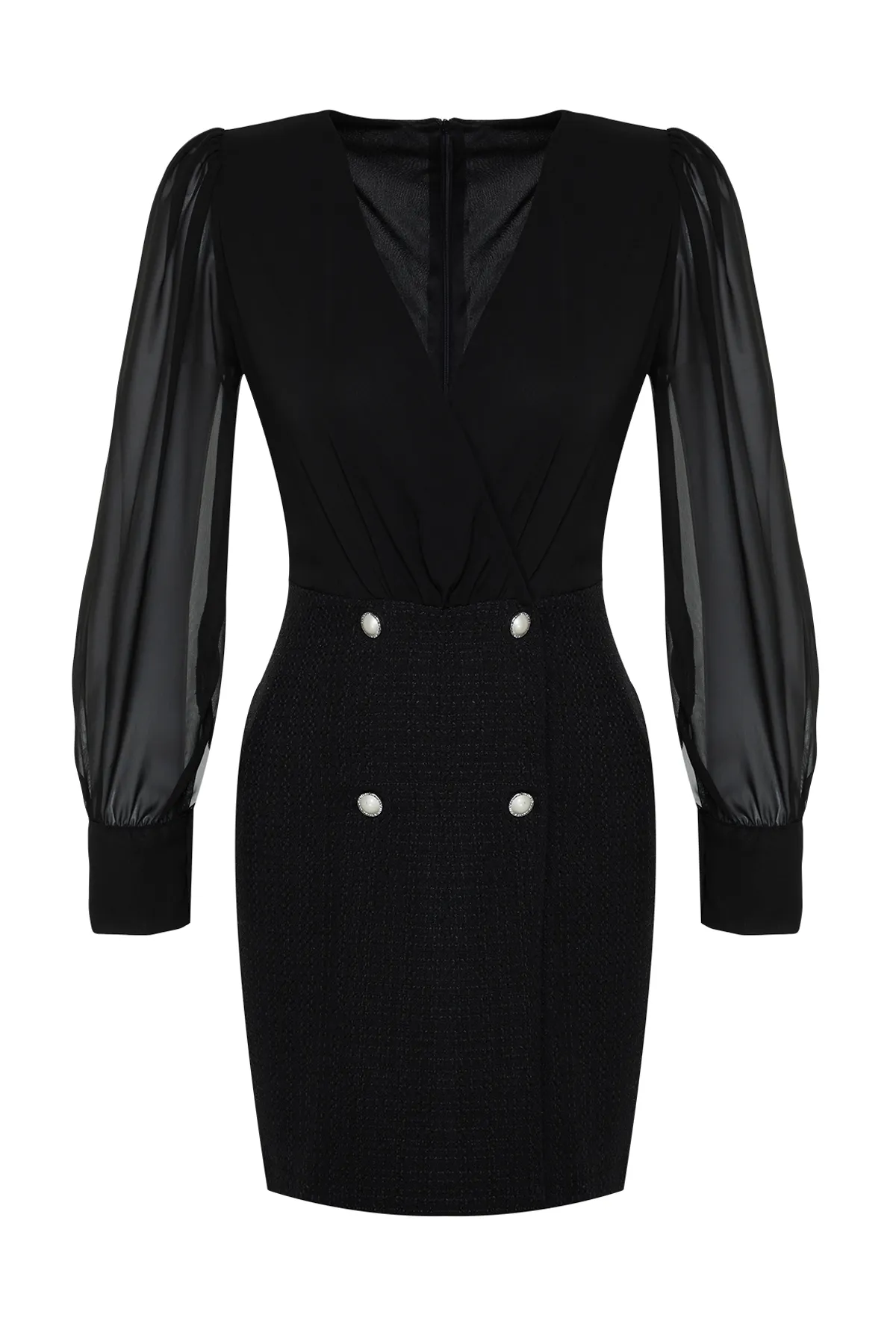 Trendyol Collection  Schwarzes Kleid aus gewebtem Tweed mit einfarbigem Muster und Knöpfen TWOAW24EL00659