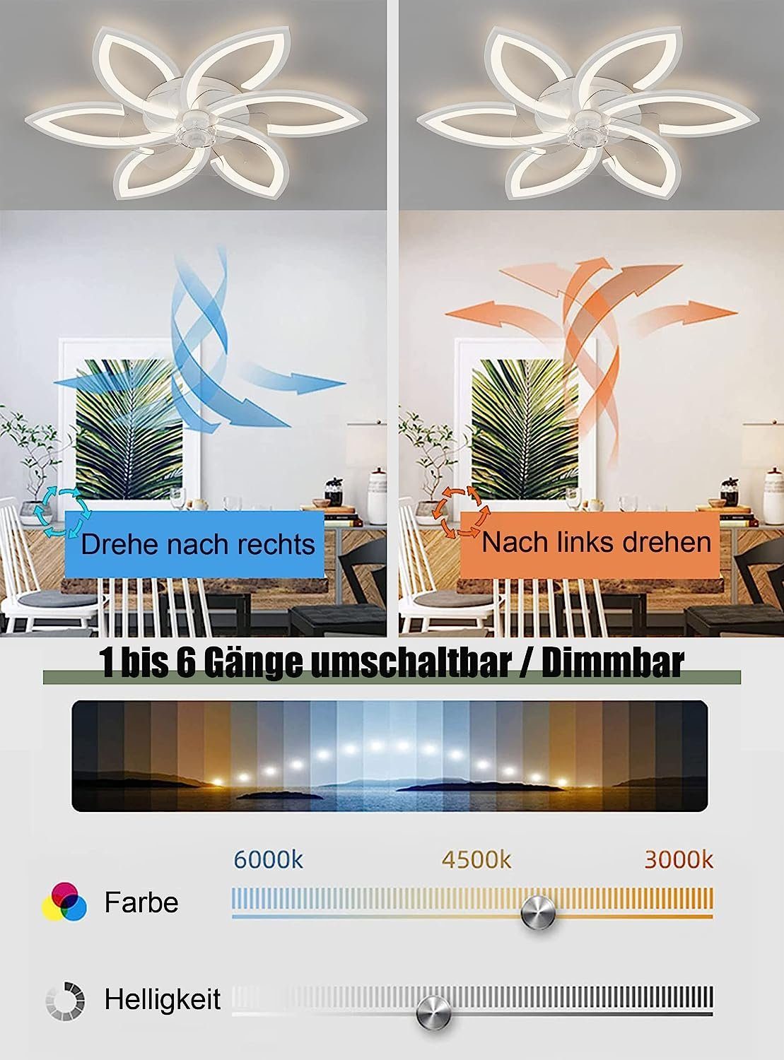 Hikeren Deckenventilator Deckenlüfter leuchte,Lüfterlicht,Dimmbar,Deckenlampe für 15, 66W/90W;Leuchte/ Ventilator getrennt schaltbar