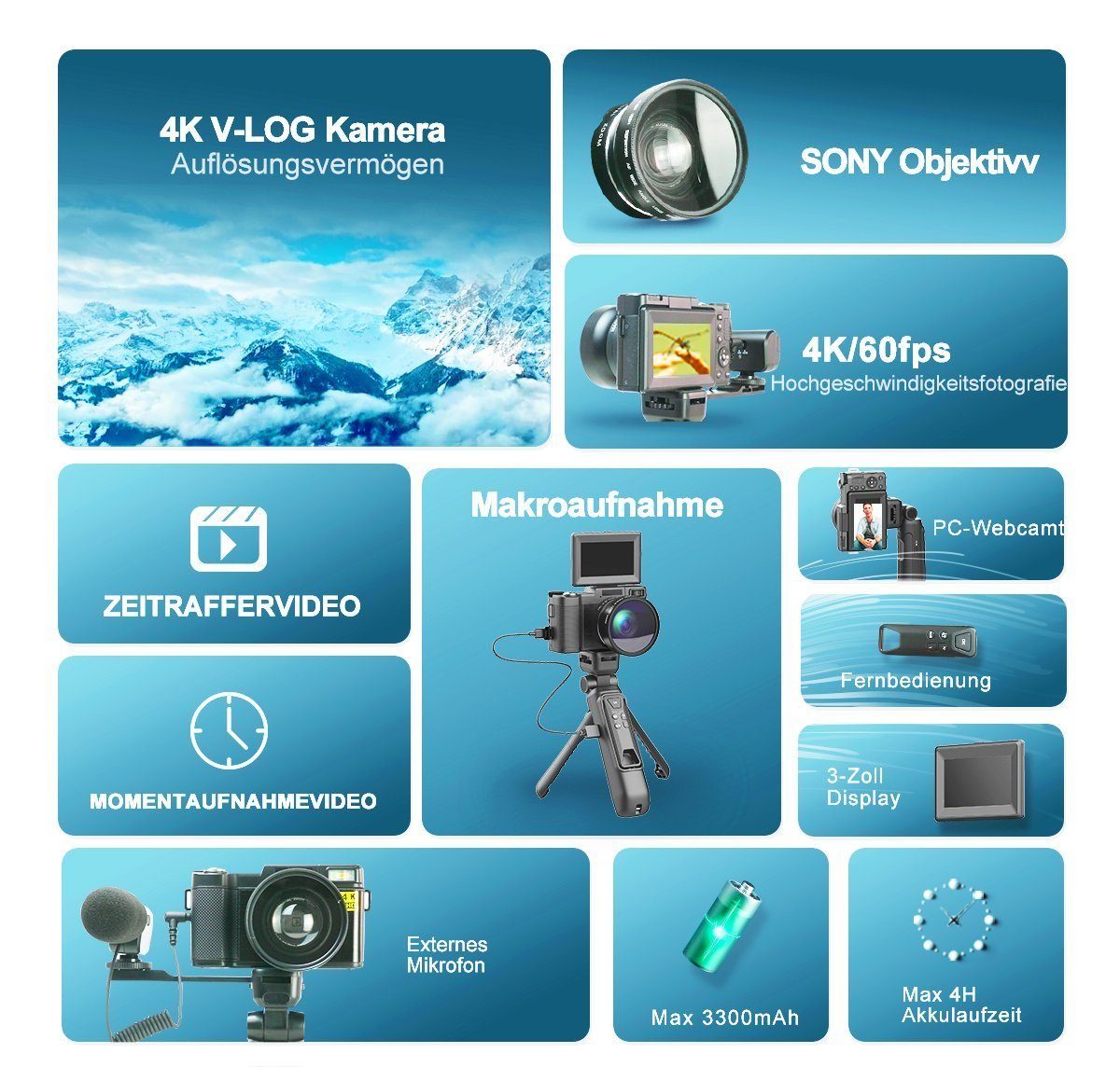 DOTMALL 4K-HD-Vlog-Reisekamera Mit klappbarem Touchscreen,48 MP, 16-fach Zoom Kompaktkamera