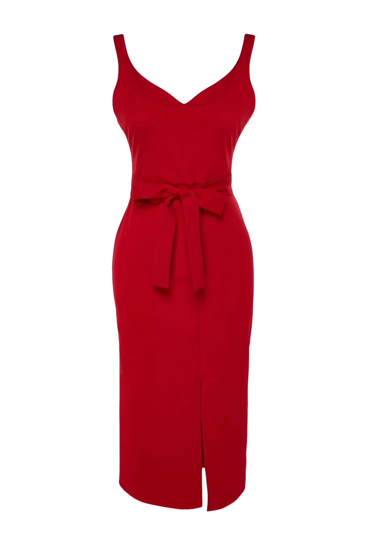 Trendyol Collection  Rotes, eng anliegendes, figurbetontes Midi-Webkleid mit Schlitz und Gürtel TWOSS23EL02262