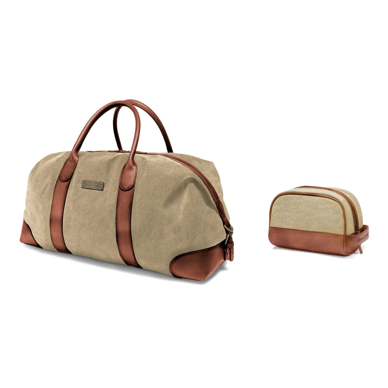 DRAKENSBERG Reisetasche Weekender David & Kulturbeutel Glen Khaki-Beige, handgemacht aus Canvas und Büffelleder, für Damen und Herren