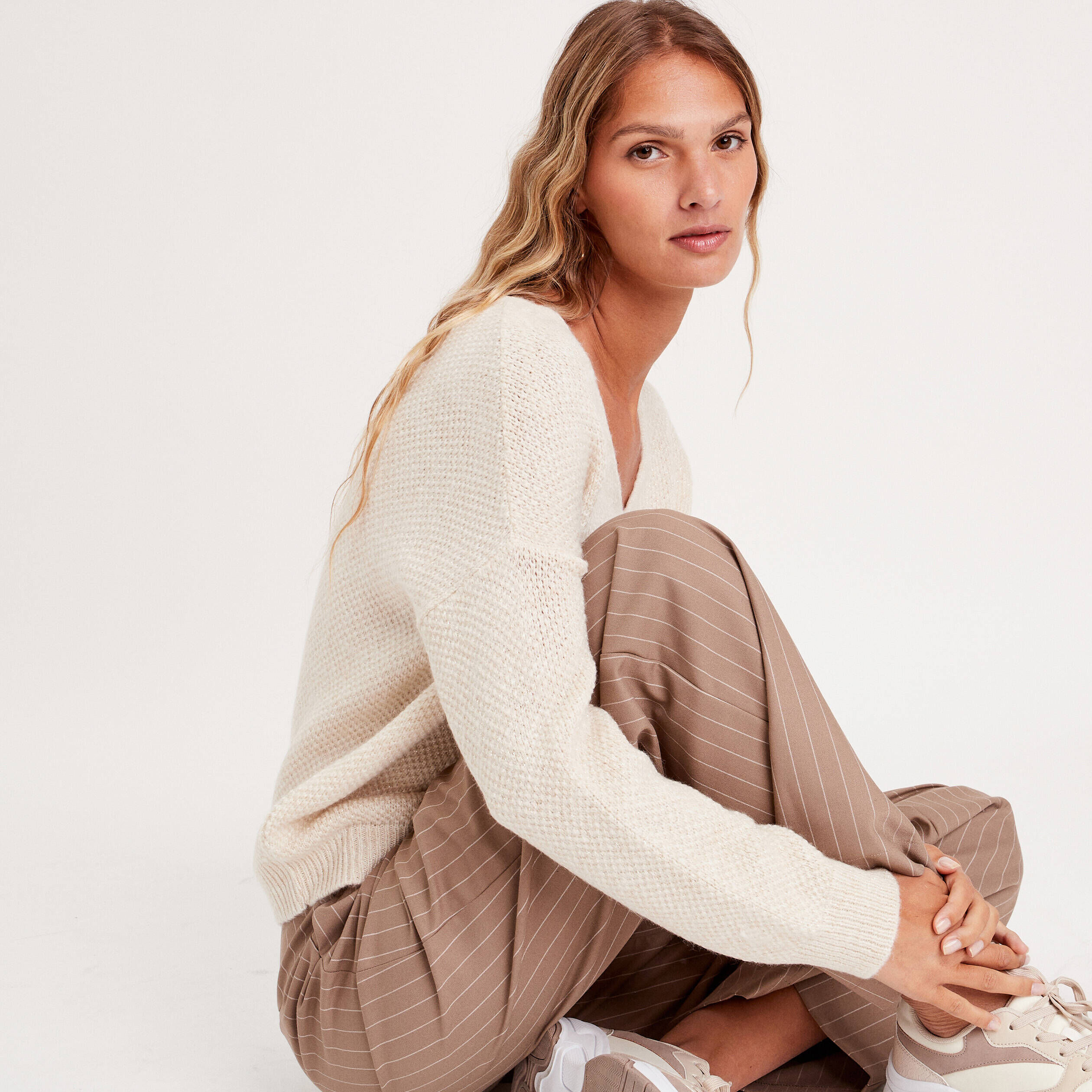 Pull manches longues col en V ecru femme | Cache Cache