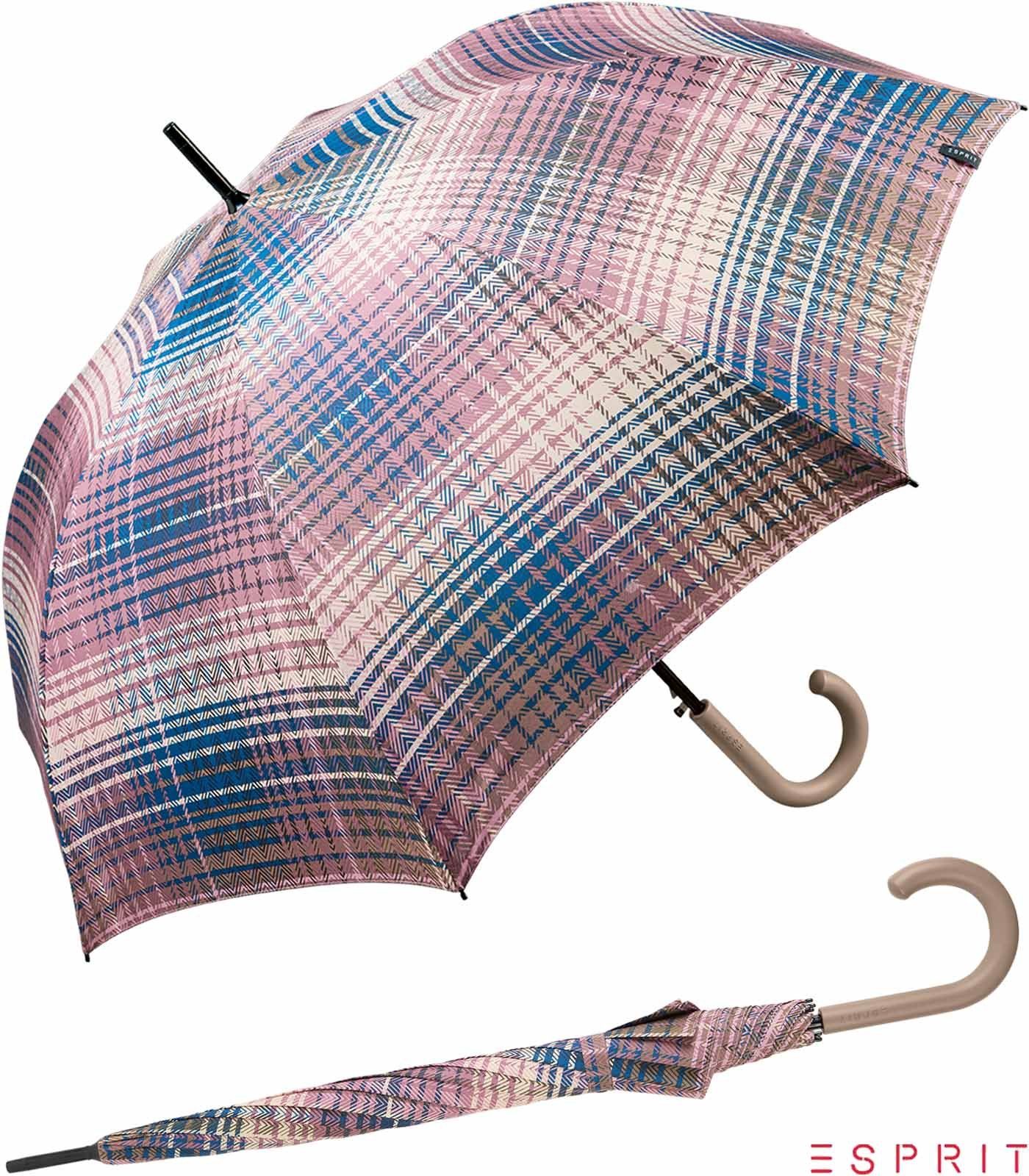 Esprit Langregenschirm Damen mit Auf-Automatik - Cosy Checks - dusky orchid, groß, stabil, in bunter Karo-Optik