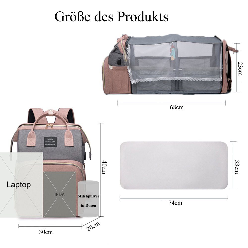 NUODWELL Wickeltasche Baby Wickeltasche Rucksack,mit Moskitonetz und USB-Ladeanschluss