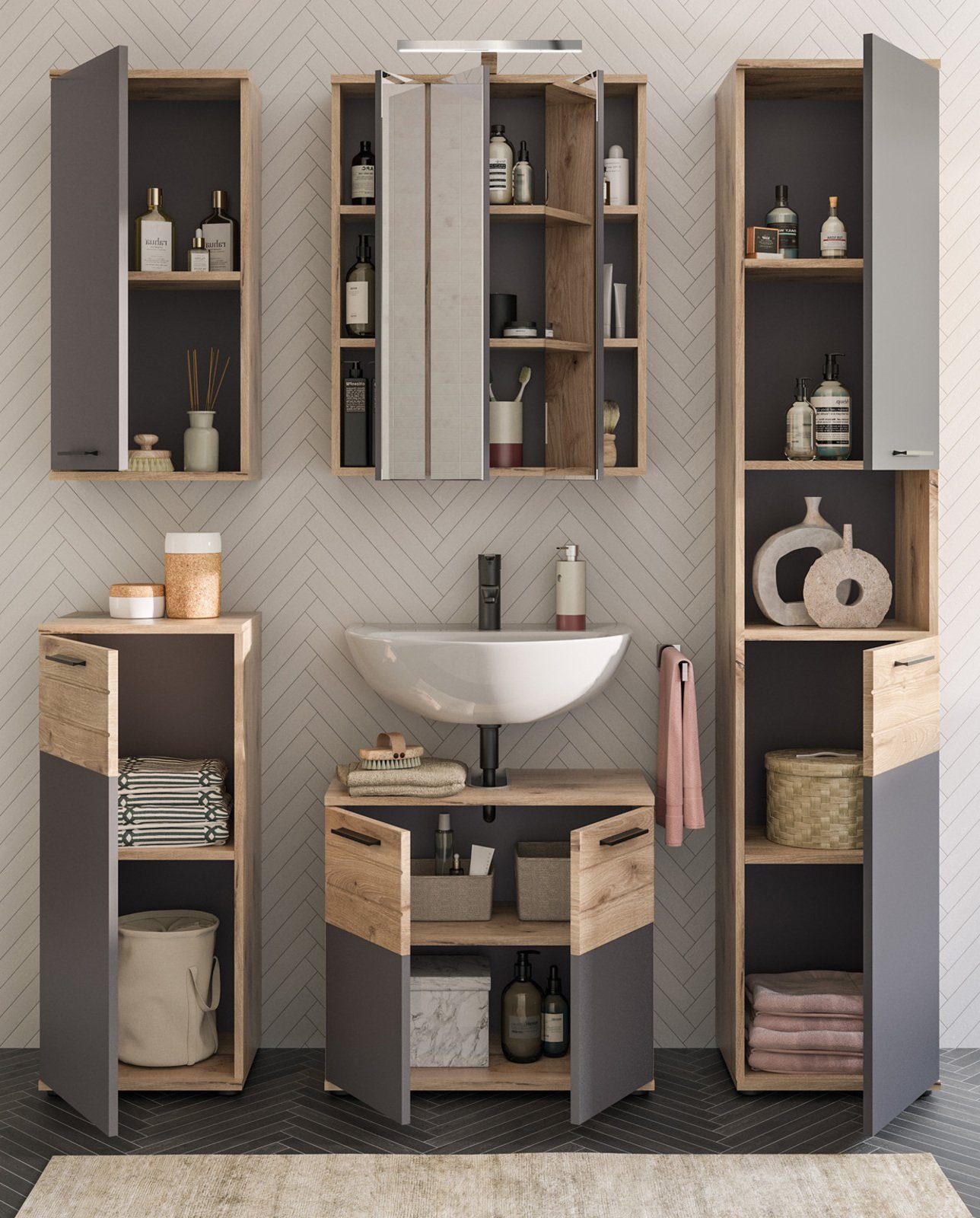 xonox.home Badmöbel-Set Mason, (Set 5-teilig, grau und Eiche), mit Soft-Close