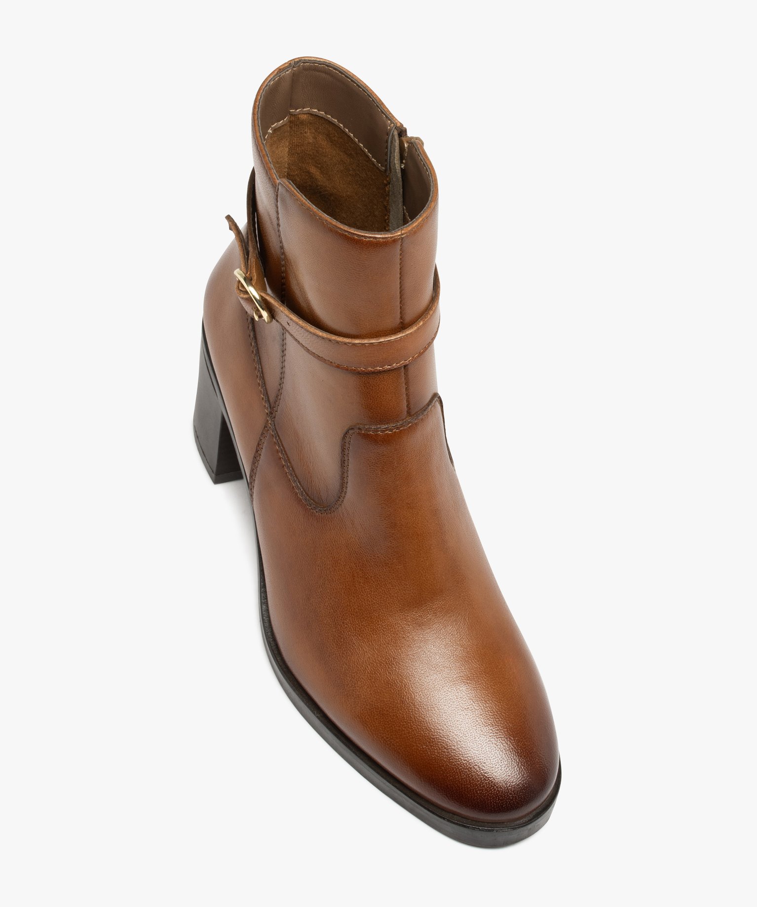 Boots femme en cuir uni à talon carré et bride à boucle -... camel | GEMO