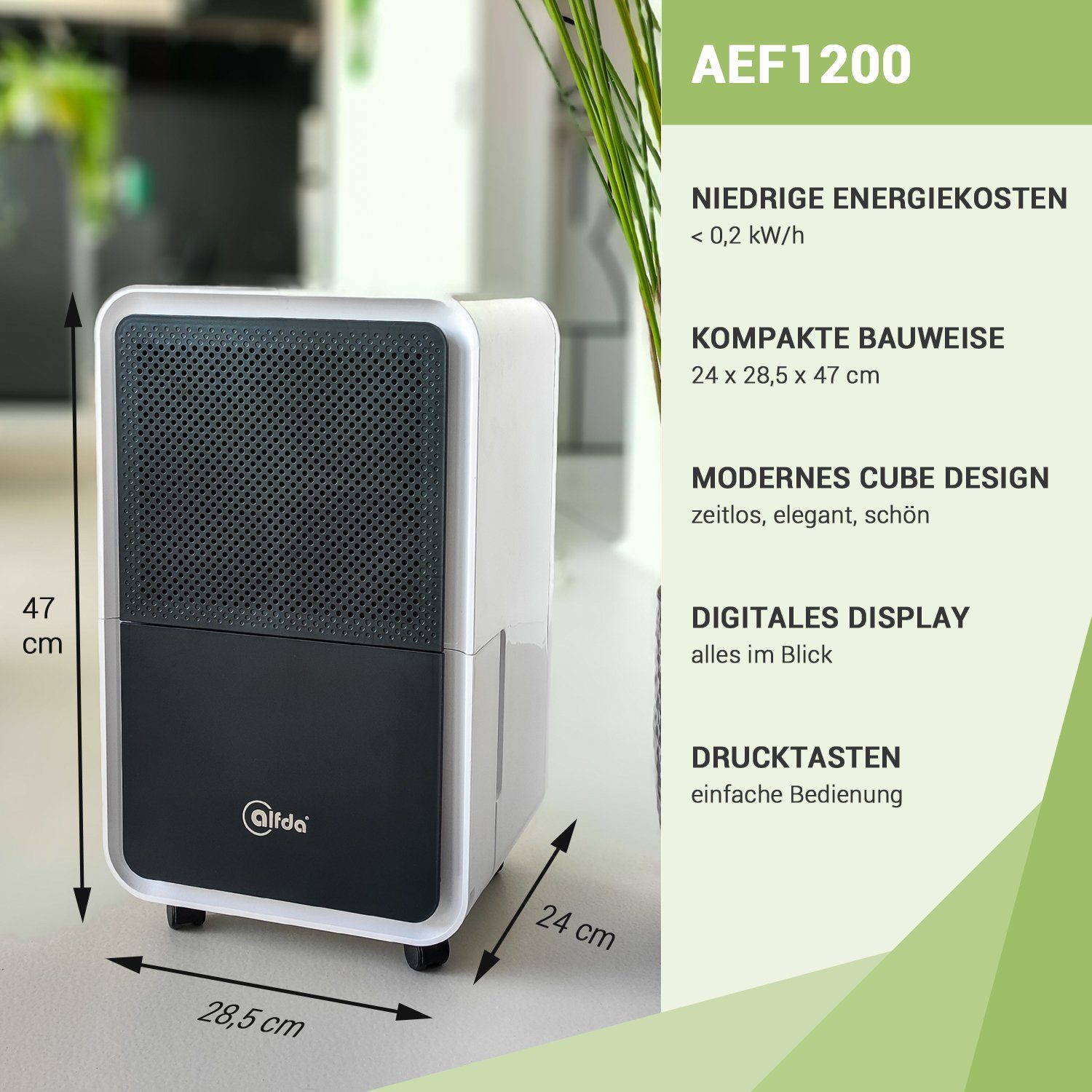 alfda Luftentfeuchter AEF1200, für 62 m³ Räume, Entfeuchtung 12,00 l/Tag, Tank 2,50 l, Automatikprogramm, bis 25 m², Drainageanschluss, gegen Feuchtigkeit