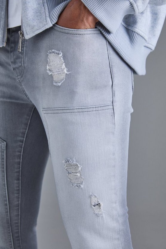 Skinny Stretch Stacked Ripped Carpenter Zip Hem Jeans In Grey