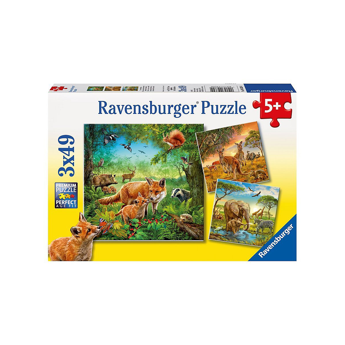 3er Set Puzzle, je 49 Teile, 21x21 cm, Tiere der Erde