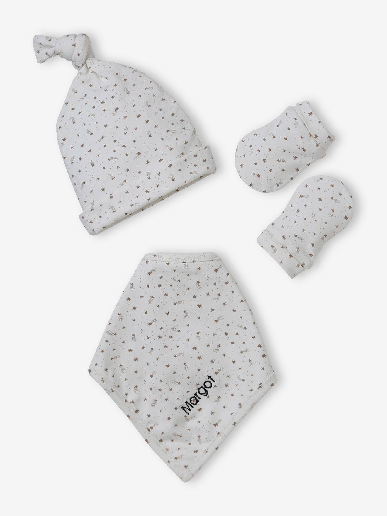 Ensemble bonnet + moufles + foulard + sac bébé fille imprimé personnalisable écru