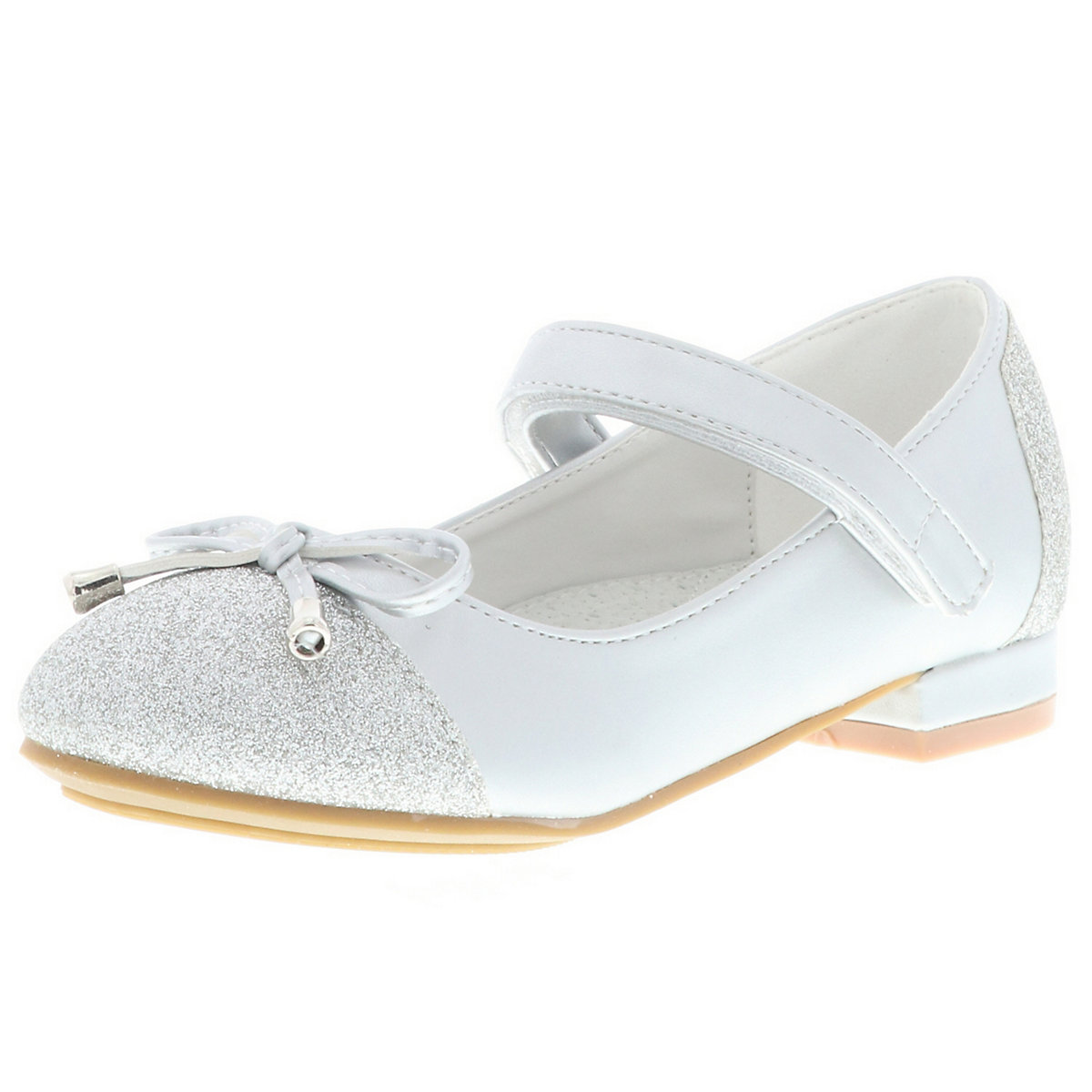 Kinder Mädchen Ballerinas Glitzer Schleife Blockabsatz silber