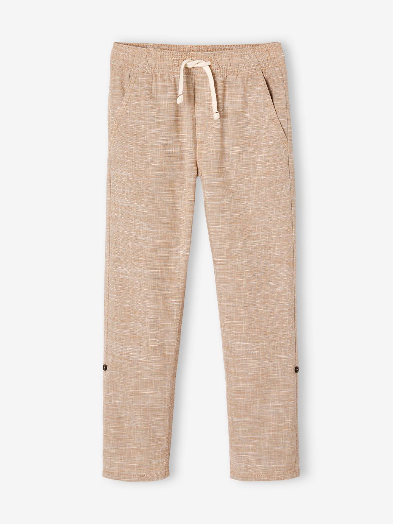 Pantalon léger retroussable en pantacourt garçon aspect lin tissé beige chiné