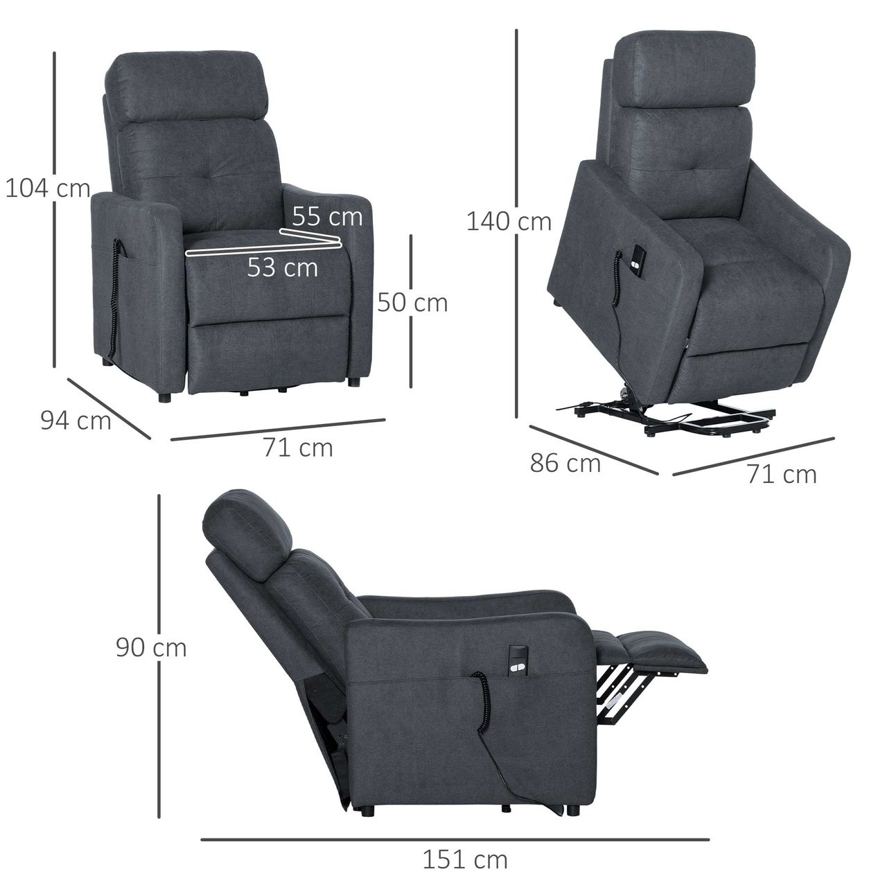 HOMCOM Elektrischer Relaxsessel Fernsehsessel Sessel mit Aufstehhilfe Relaxsessel mit liegefunktion mit Fernbedienung Polyesterstoff Stahl Grau 71 x 94 x104 cm