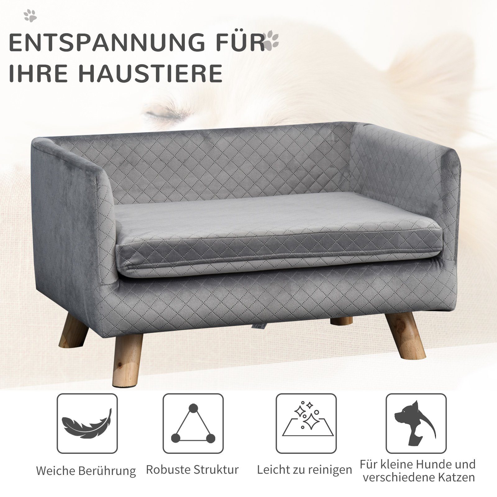 PawHut Tierbett Hundesofa mit Holzbeinen Hundebett für kleine Hunde bis zu 8 kg, Grau, samtartiges Polyester, 64B x 45T x 36H cm