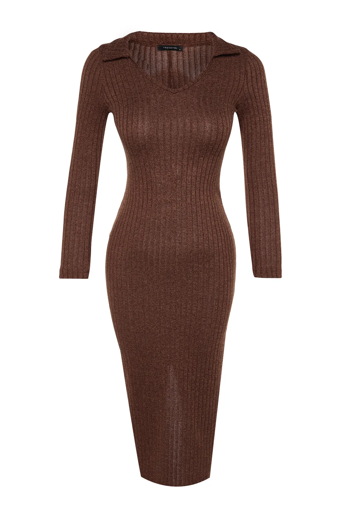 Trendyol Collection  Brauner Strick-Look, figurbetontes Maxi-Strickkleid mit V-Ausschnitt TWOAW24EL00602