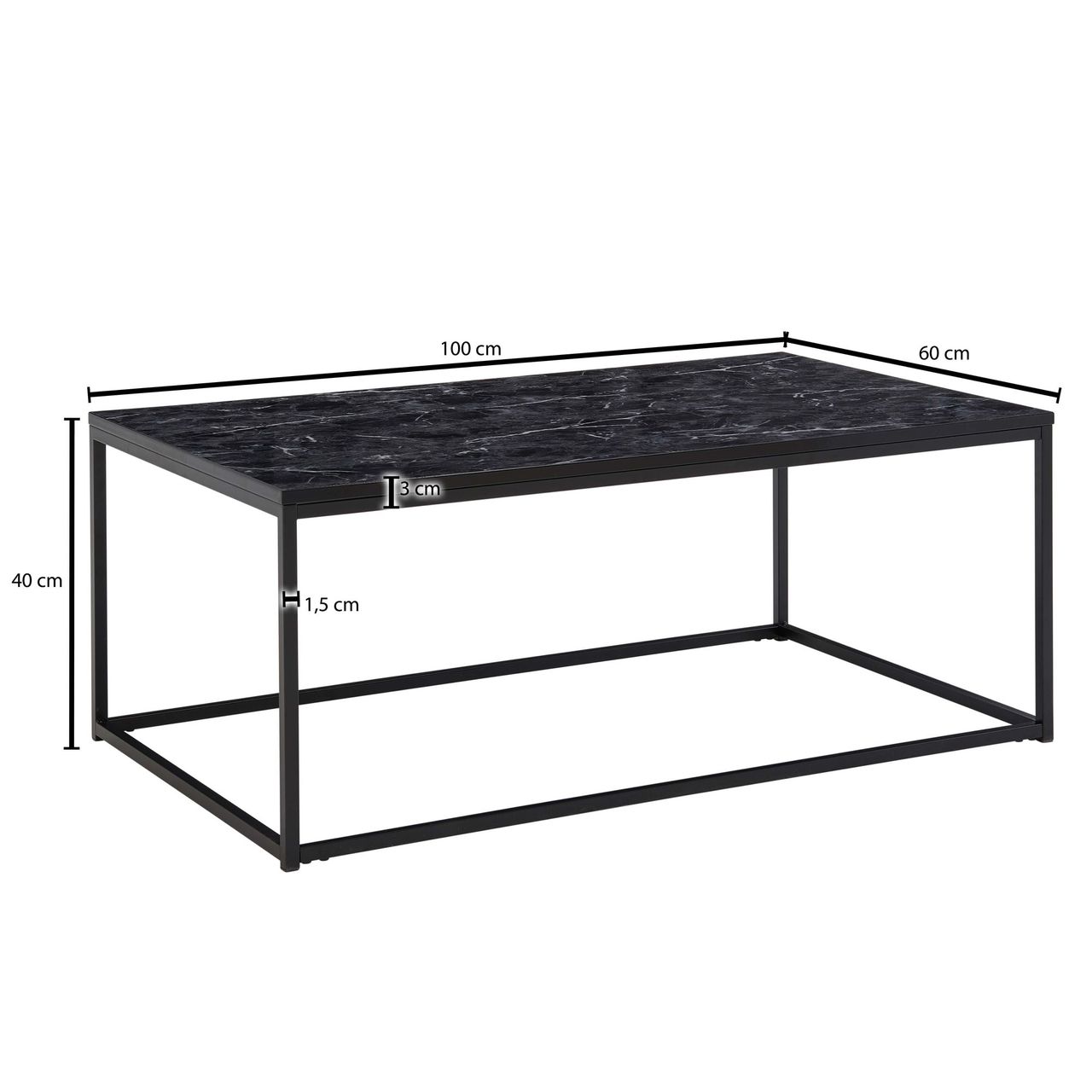 Skyport WOHNLING Couchtisch Marmor Optik Schwarz 100x60 cm Wohnzimmertisch Tisch Metall