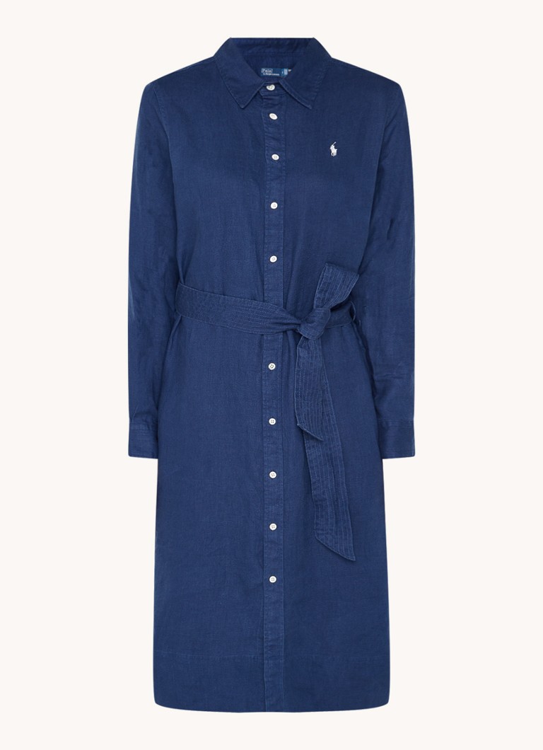 Lanena midi haljina-košulja Ralph Lauren s remenom za vezanje