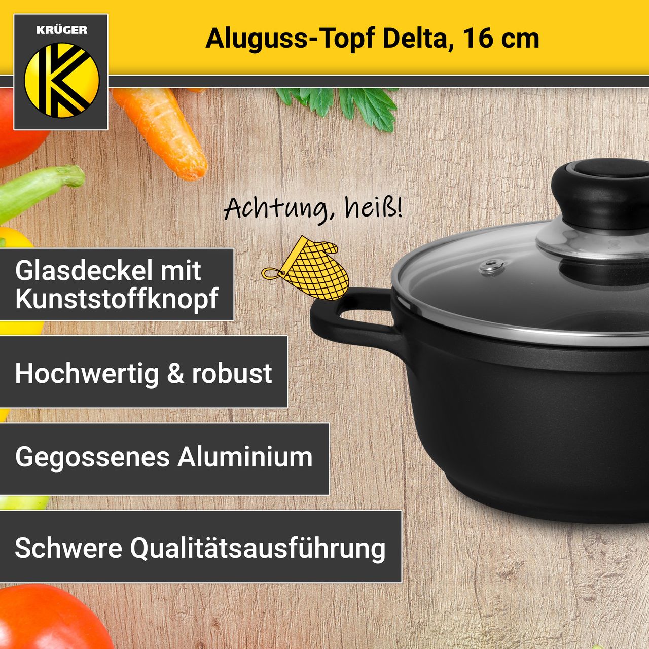 Karl Krüger Aluguss Fleischtopf DELTA mit Deckel, 16 cm